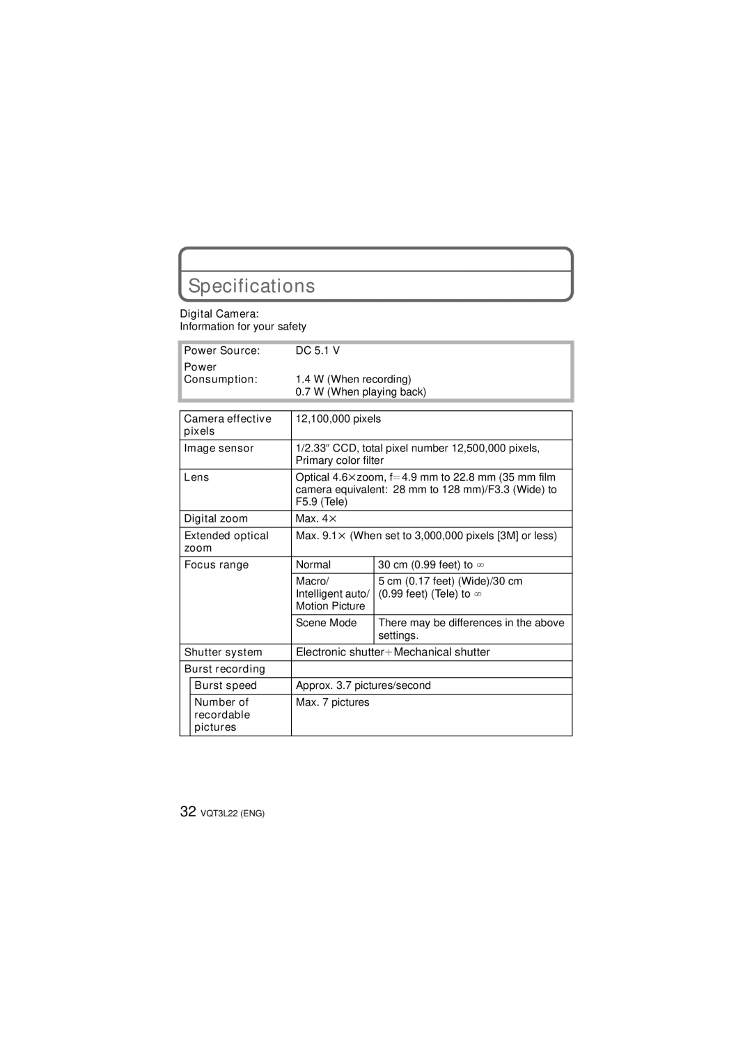 Panasonic DMCTS3D, DMCTS3S owner manual Specifications 