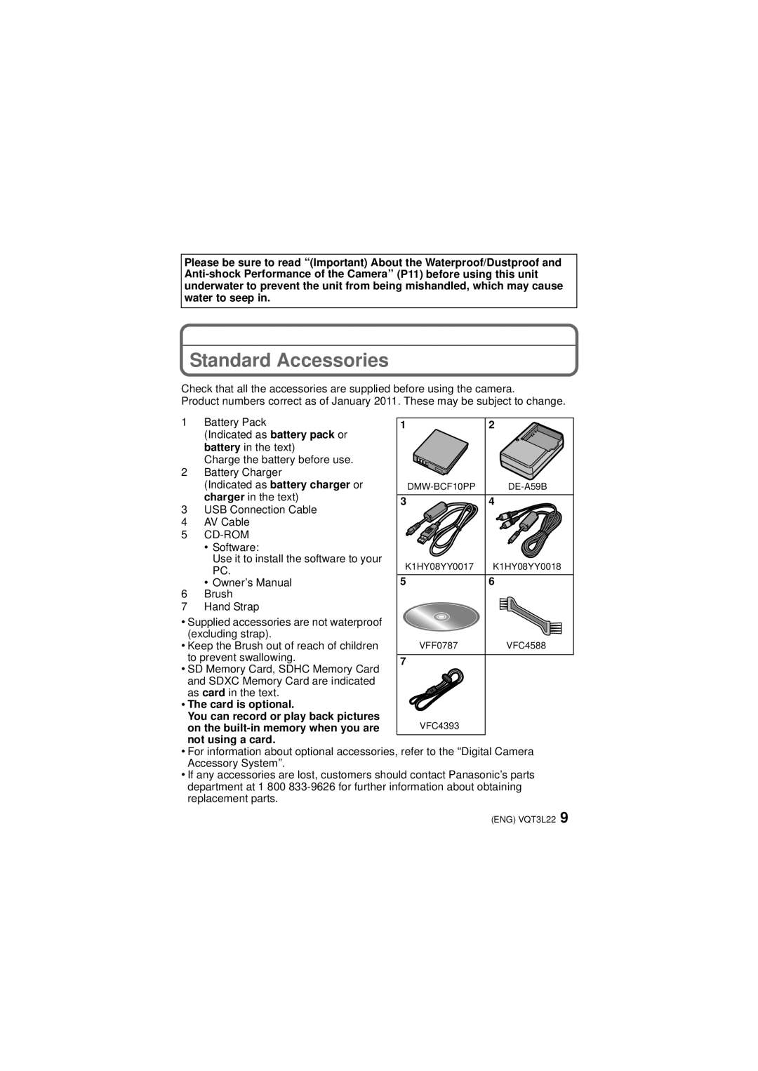 Panasonic DMCTS3S, DMCTS3D owner manual Standard Accessories, Indicated as battery charger or charger in the text 