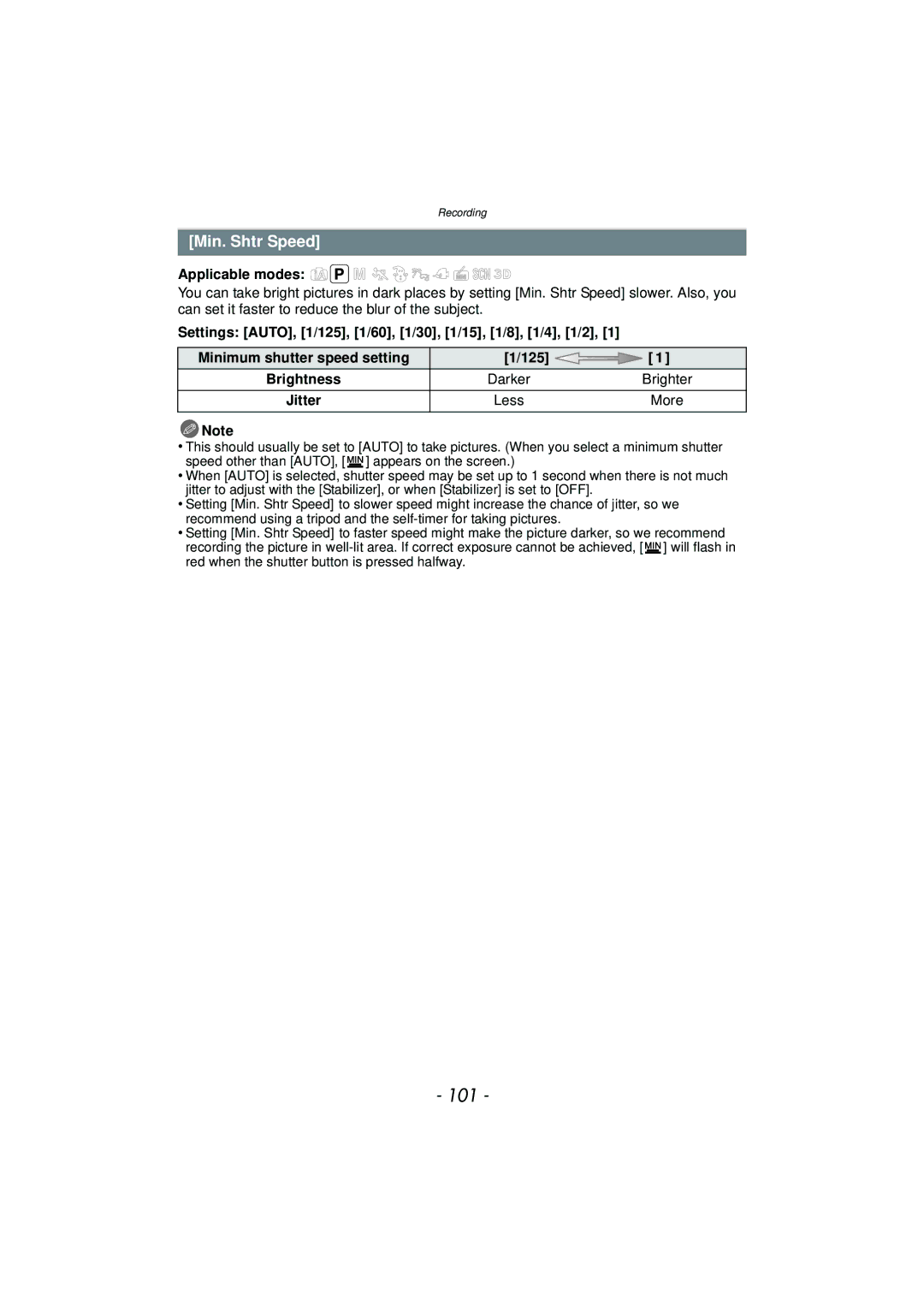 Panasonic DMCTS4D, DMCTS4K, DMCTS4A, DMC-TS4K owner manual 101, Min. Shtr Speed 