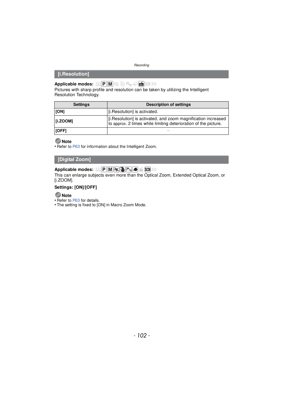 Panasonic DMCTS4A, DMCTS4K, DMCTS4D, DMC-TS4K owner manual 102, Resolution, Digital Zoom 