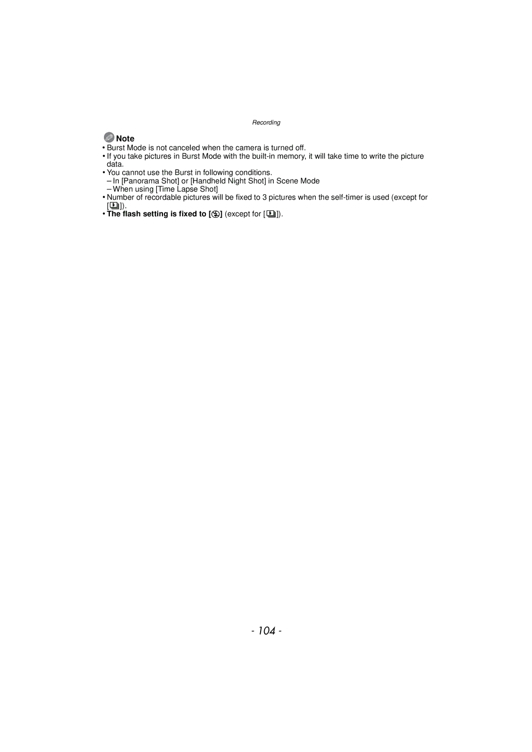 Panasonic DMCTS4K, DMCTS4D, DMCTS4A, DMC-TS4K owner manual 104, Flash setting is fixed to Œ except for 