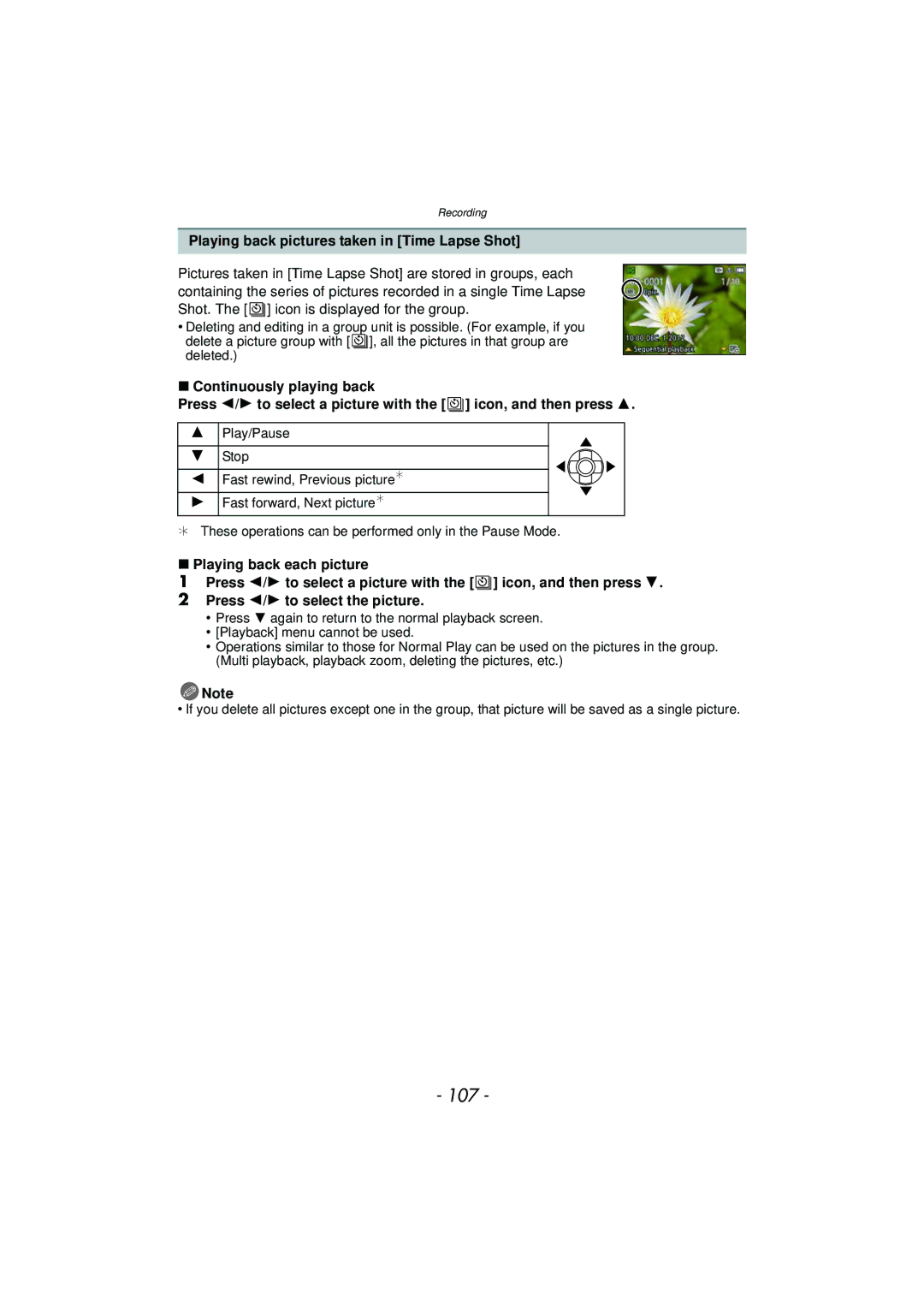 Panasonic DMCTS4A, DMCTS4K, DMCTS4D, DMC-TS4K owner manual 107, Playing back pictures taken in Time Lapse Shot 