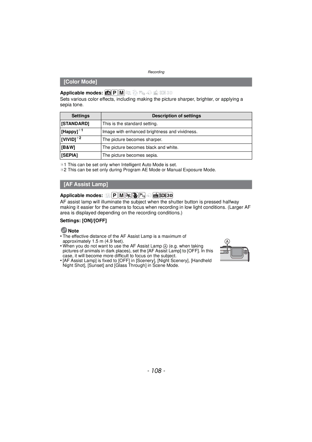 Panasonic DMC-TS4K, DMCTS4K, DMCTS4D, DMCTS4A owner manual 108, Color Mode, AF Assist Lamp 