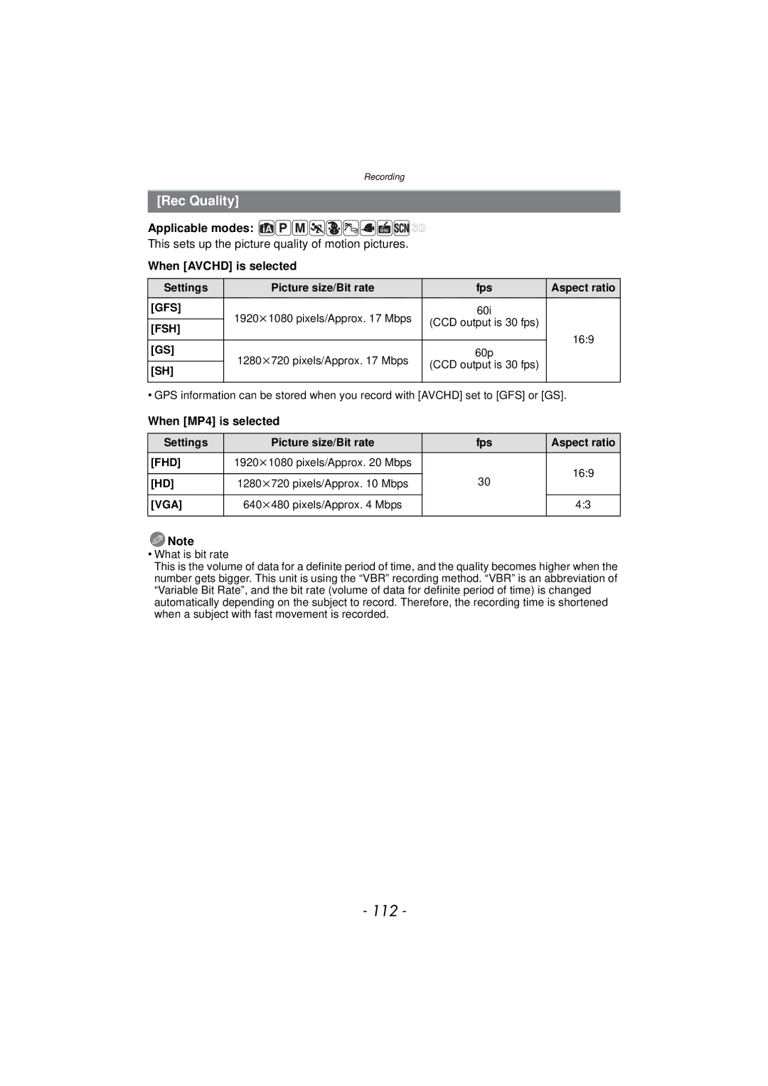 Panasonic DMCTS4A, DMCTS4K 112, Rec Quality, This sets up the picture quality of motion pictures, When Avchd is selected 