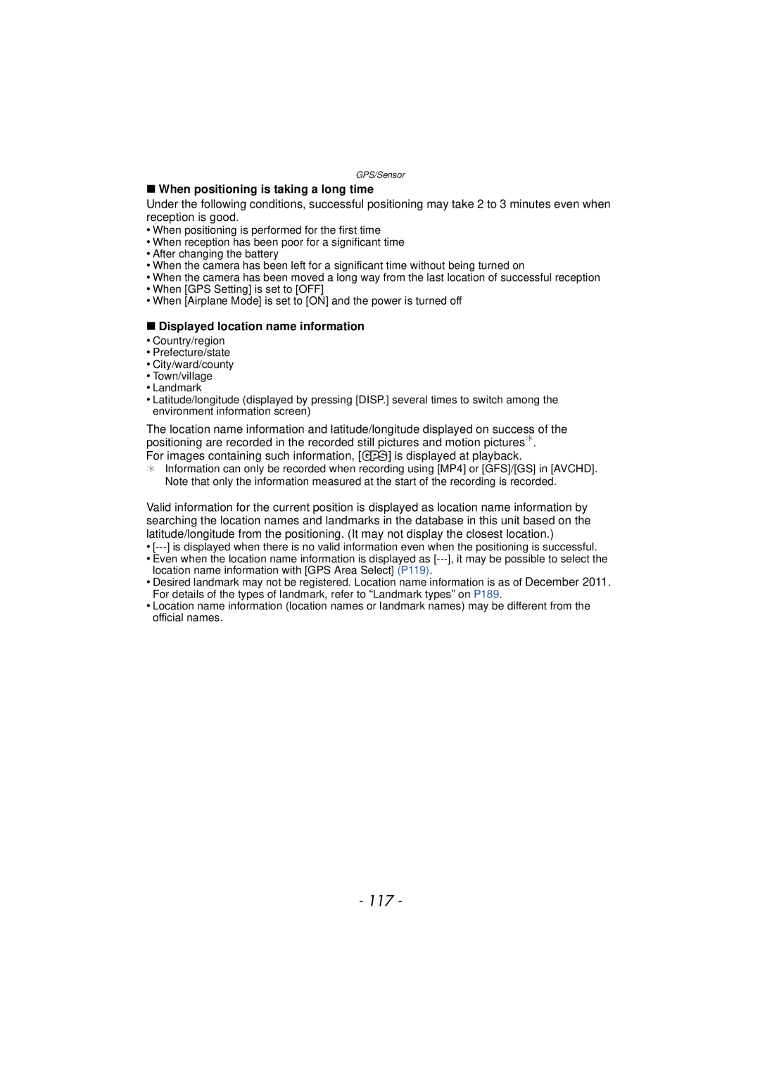 Panasonic DMCTS4A, DMCTS4K, DMCTS4D 117, When positioning is taking a long time, Displayed location name information 