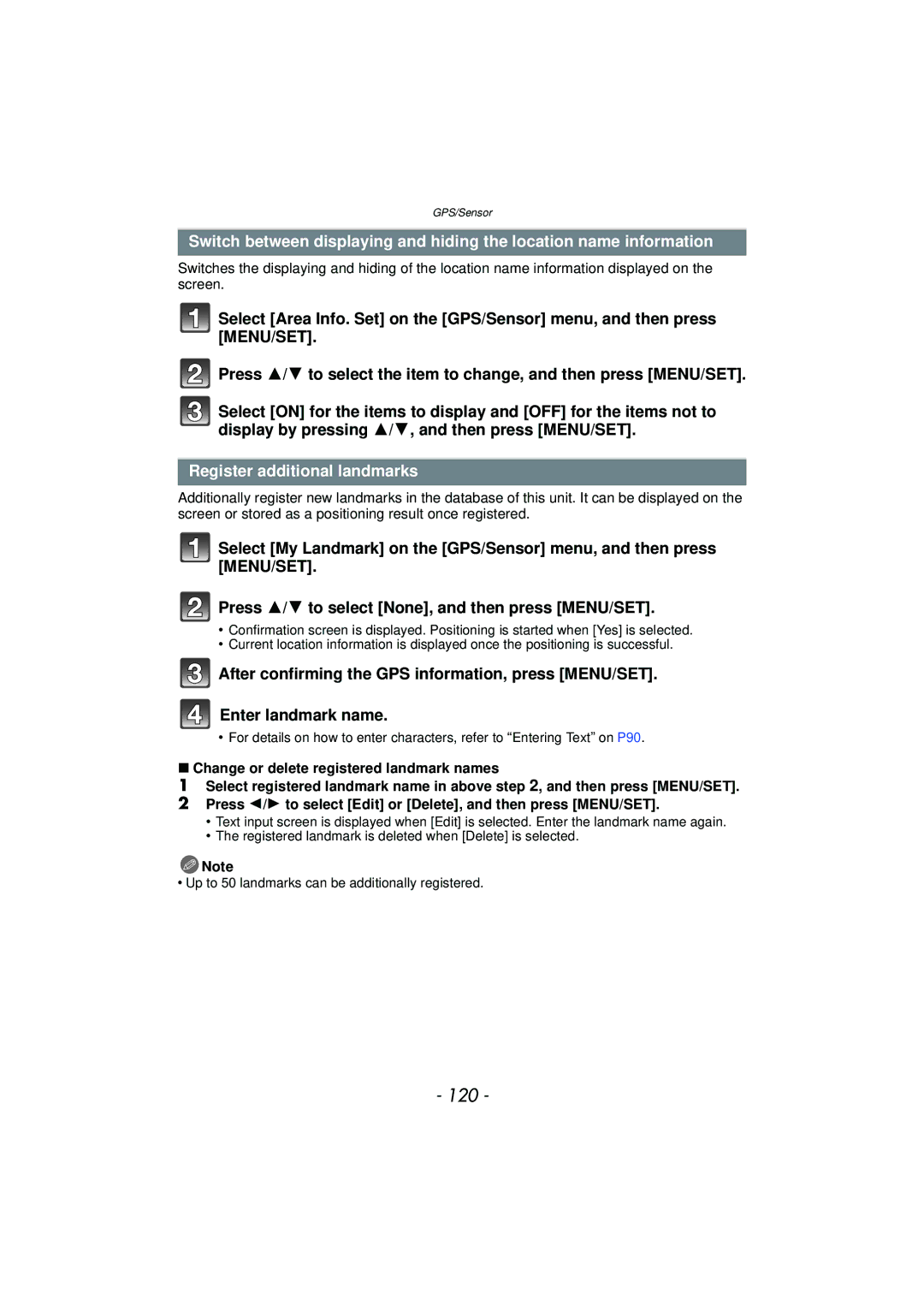 Panasonic DMCTS4K, DMCTS4D, DMCTS4A, DMC-TS4K owner manual 120, Register additional landmarks 