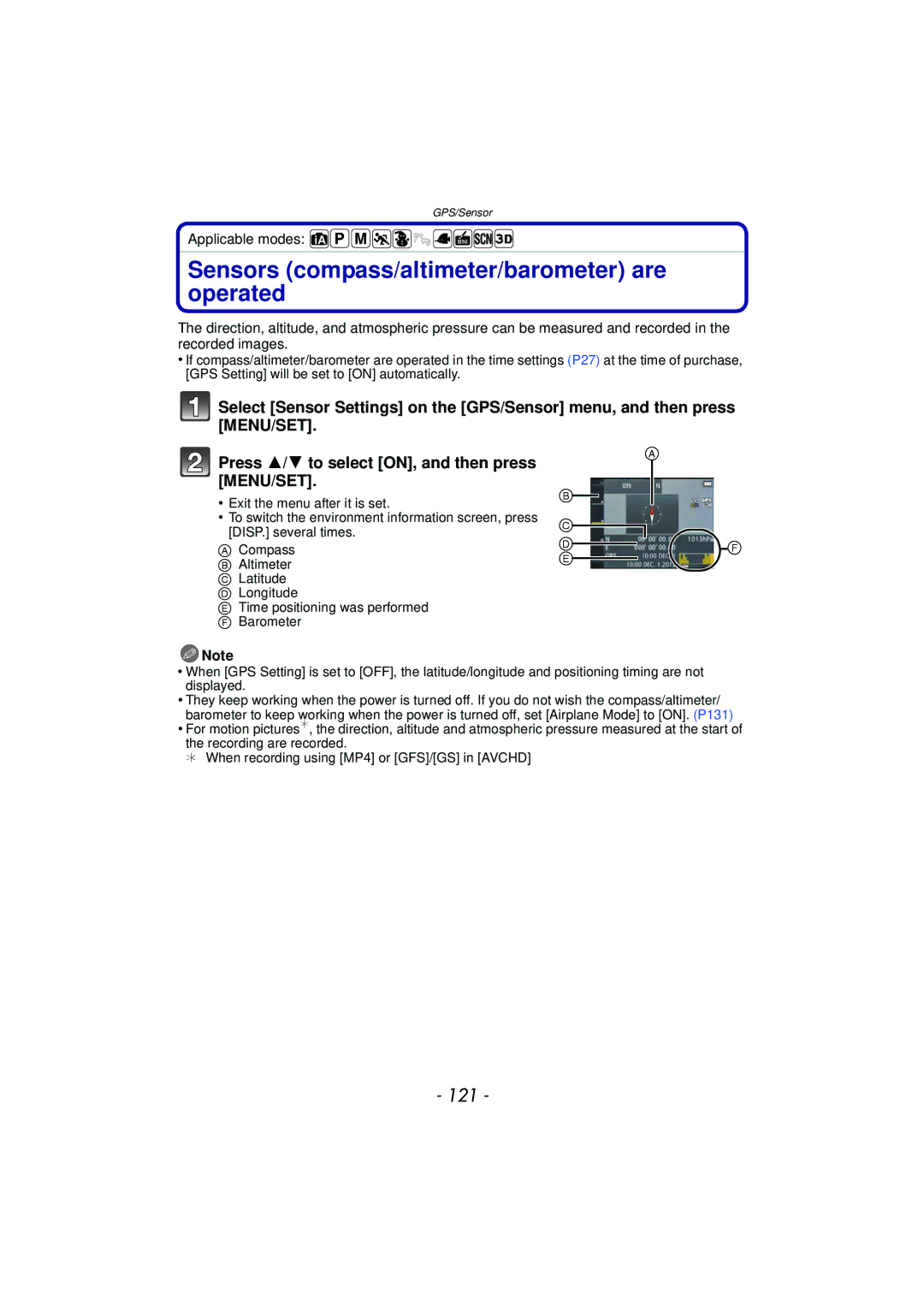 Panasonic DMCTS4D, DMCTS4K, DMCTS4A, DMC-TS4K owner manual Sensors compass/altimeter/barometer are operated, 121 