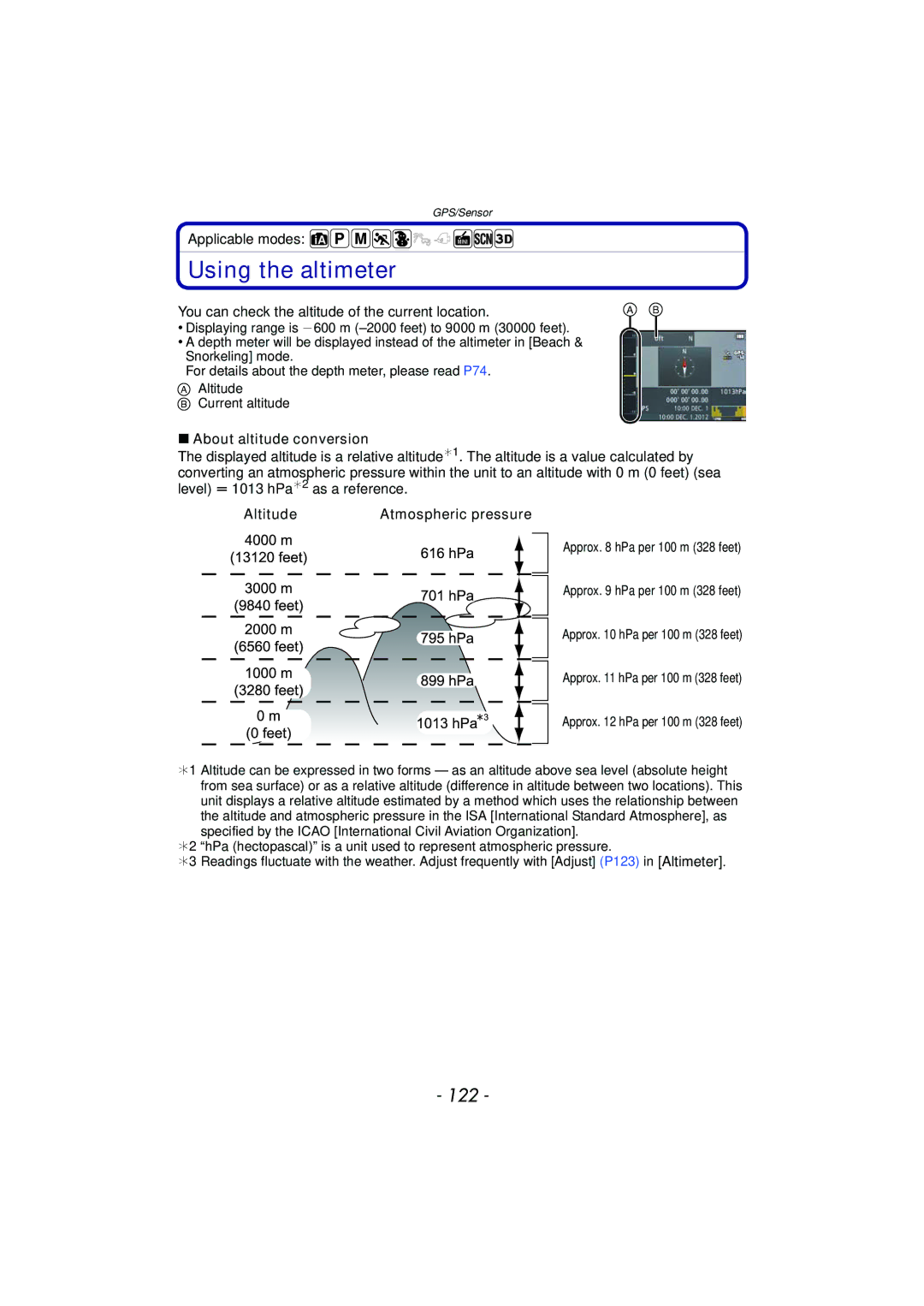 Panasonic DMCTS4A Using the altimeter, 122, You can check the altitude of the current location, About altitude conversion 