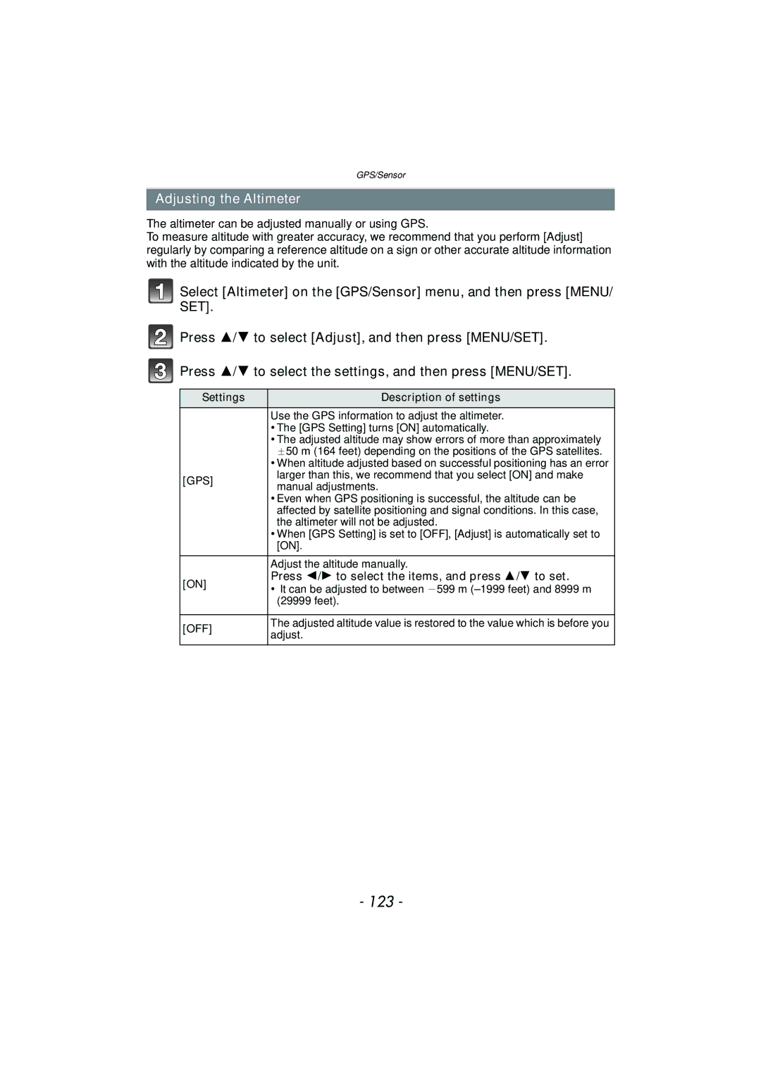 Panasonic DMC-TS4K, DMCTS4K, DMCTS4D 123, Adjusting the Altimeter, Press 2/ 1 to select the items, and press 3/ 4 to set 