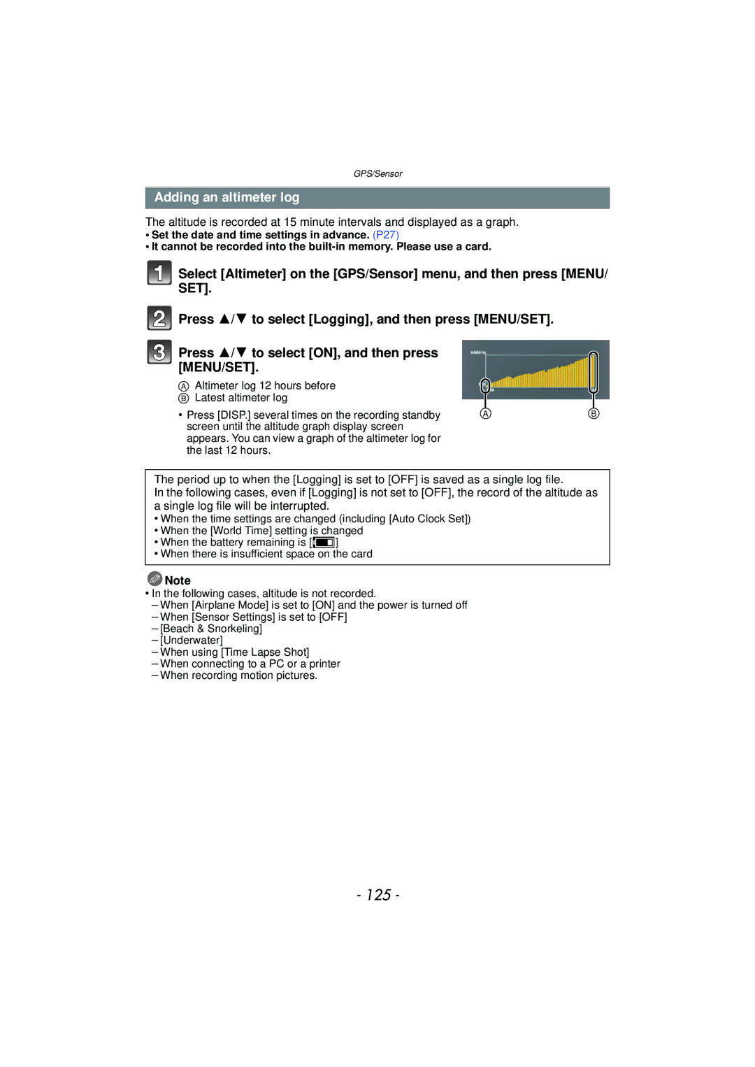 Panasonic DMCTS4K, DMCTS4D, DMCTS4A, DMC-TS4K owner manual 125, Adding an altimeter log 