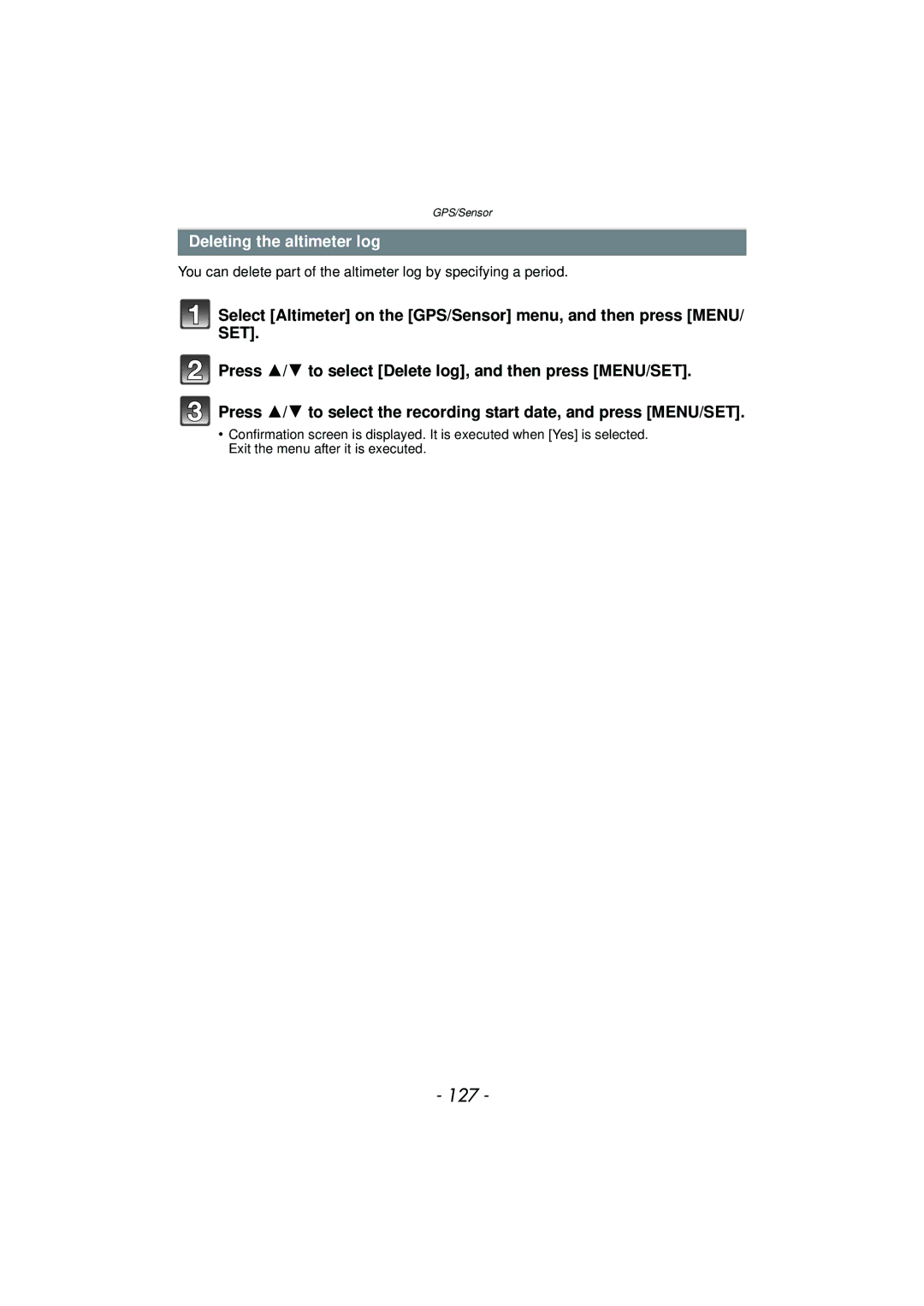 Panasonic DMCTS4A, DMCTS4K, DMCTS4D, DMC-TS4K owner manual 127, Deleting the altimeter log 