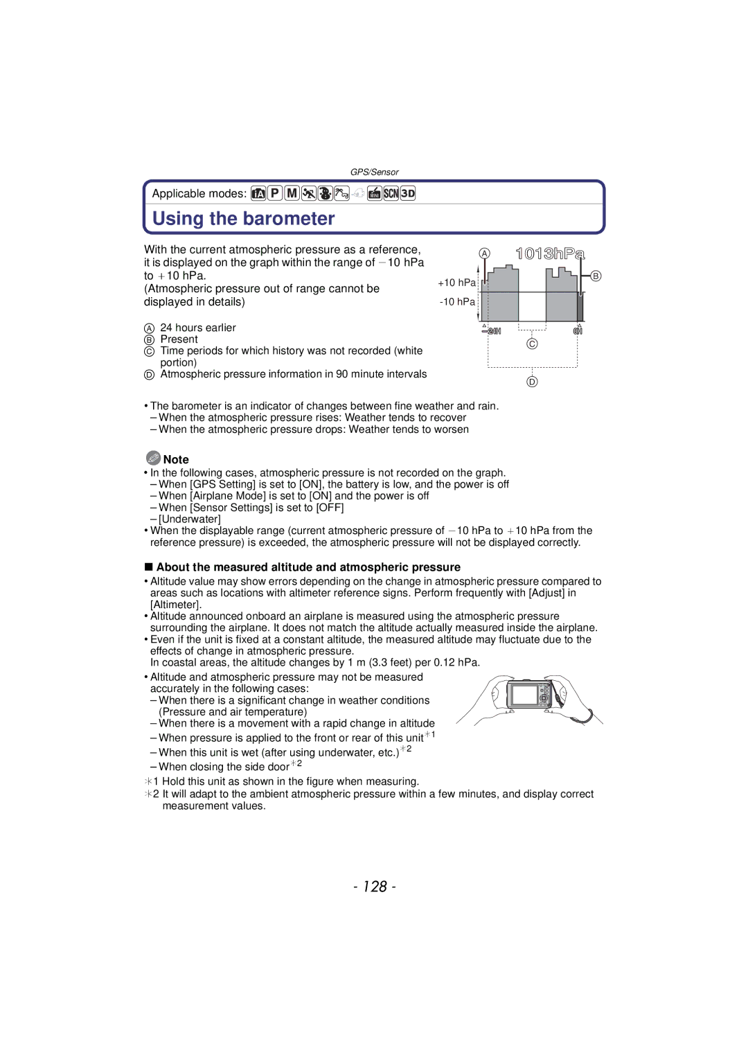 Panasonic DMC-TS4K, DMCTS4K, DMCTS4D, DMCTS4A Using the barometer, 128, About the measured altitude and atmospheric pressure 