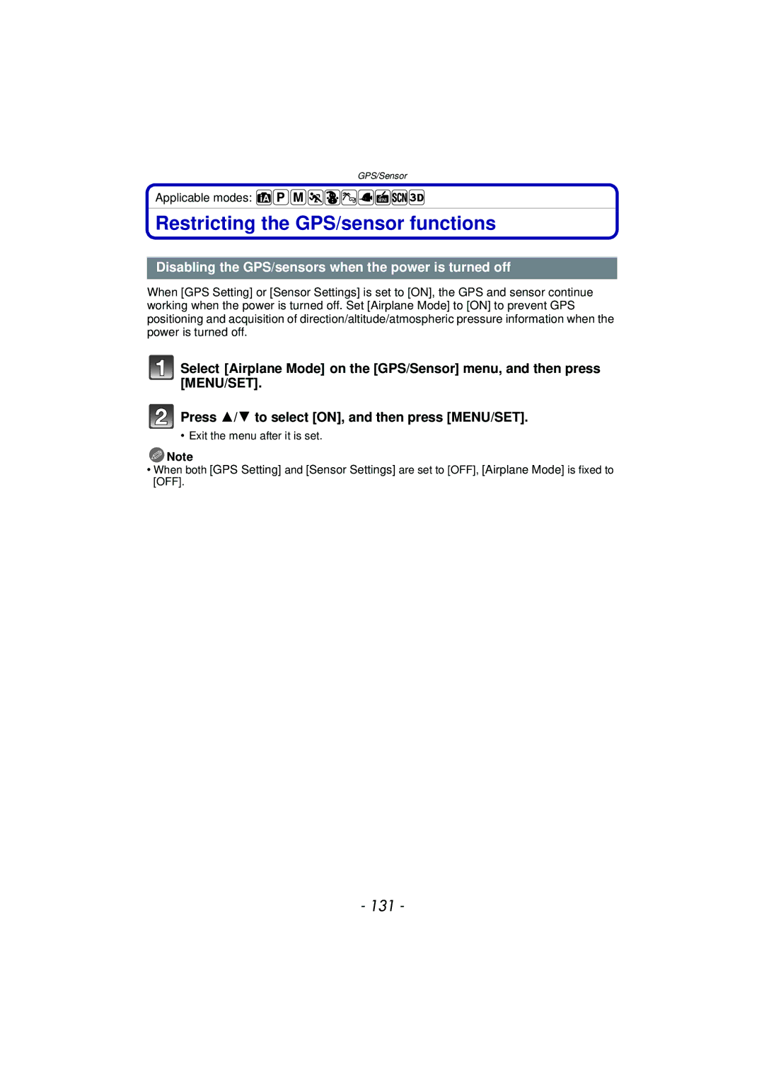 Panasonic DMCTS4D Restricting the GPS/sensor functions, 131, Disabling the GPS/sensors when the power is turned off 