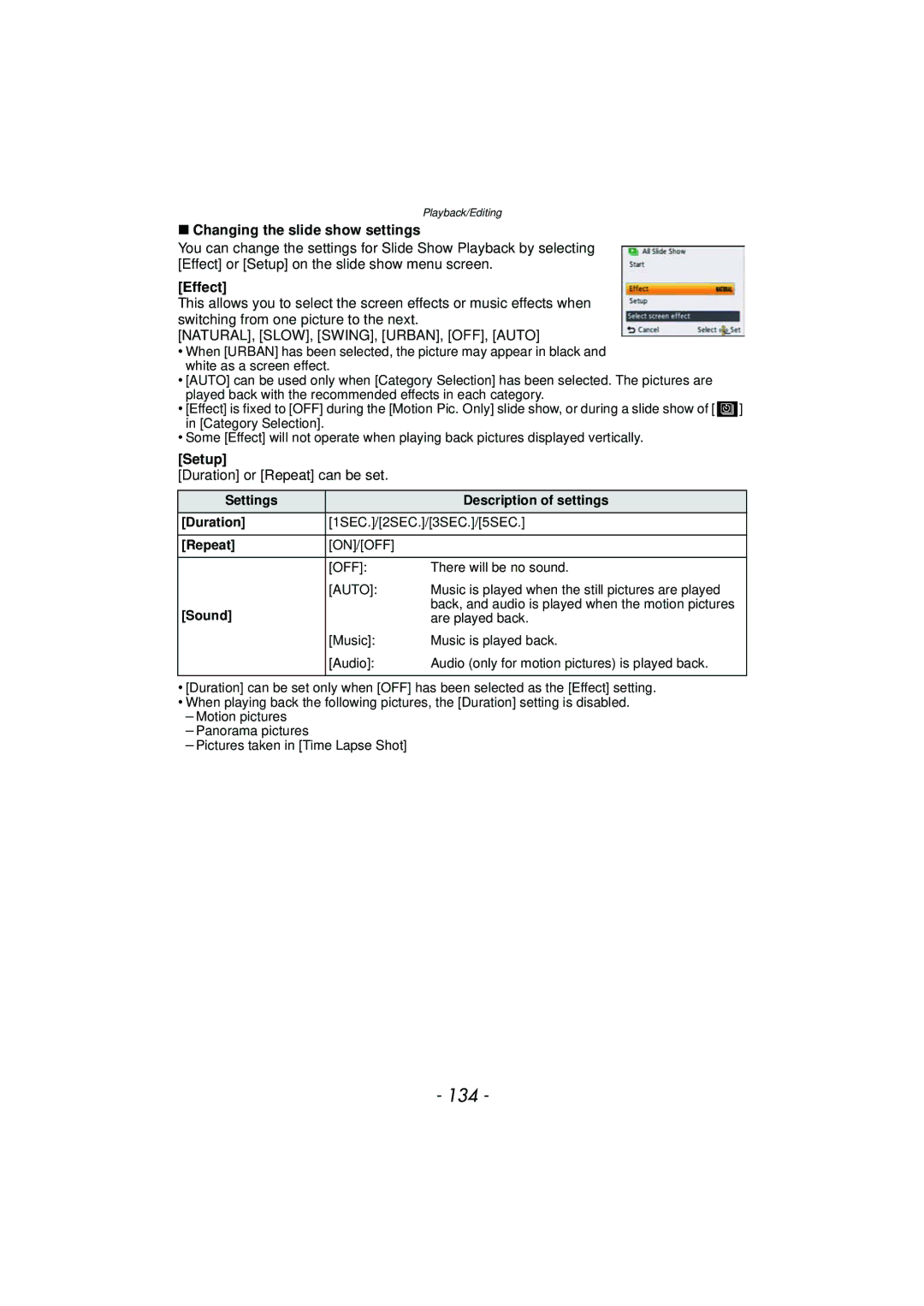 Panasonic DMC-TS4, DMCTS4K, DMCTS4D 134, Changing the slide show settings, Effect, Setup, Duration or Repeat can be set 