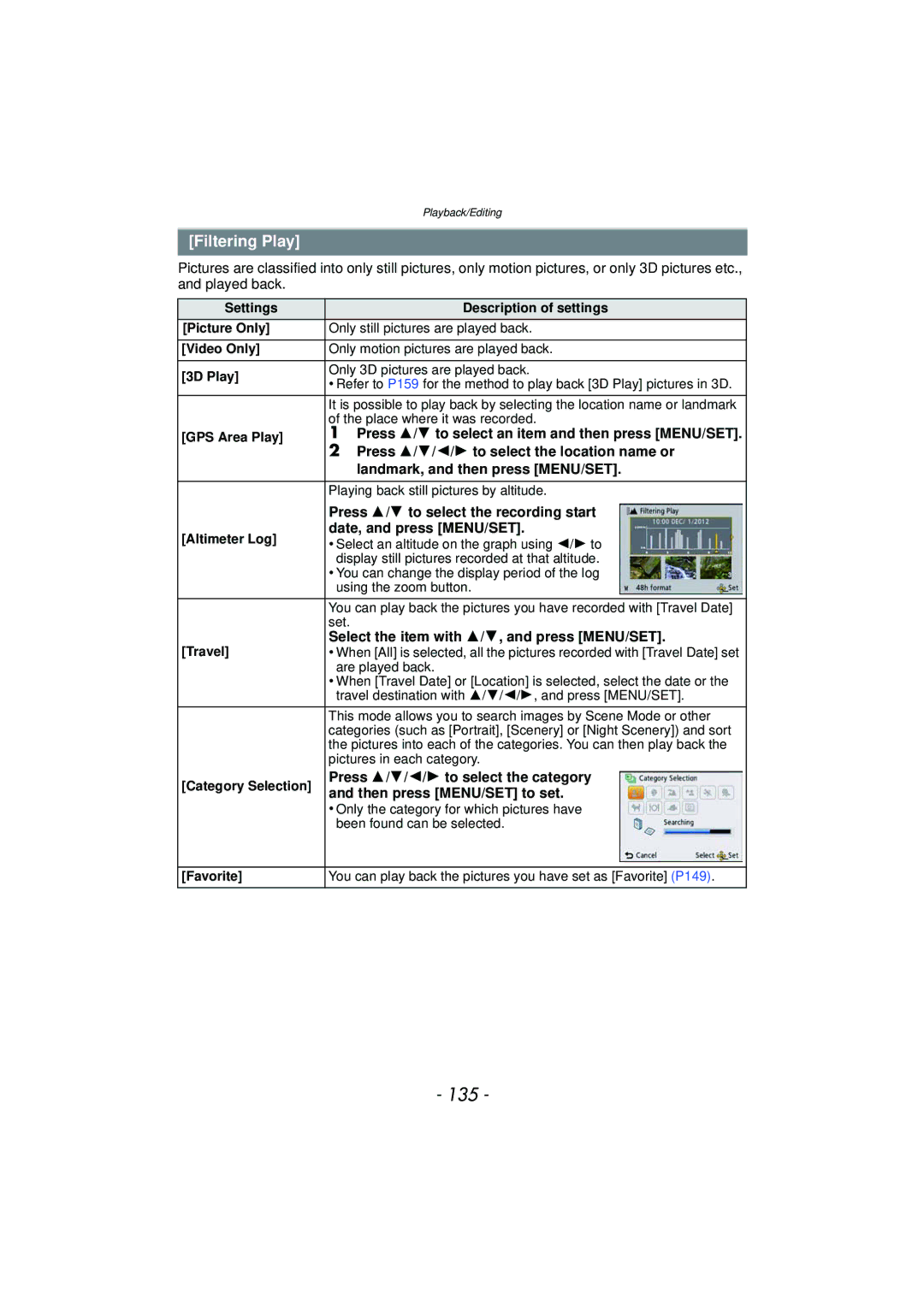 Panasonic DMCTS4K, DMCTS4D, DMCTS4A, DMC-TS4K owner manual 135, Filtering Play 