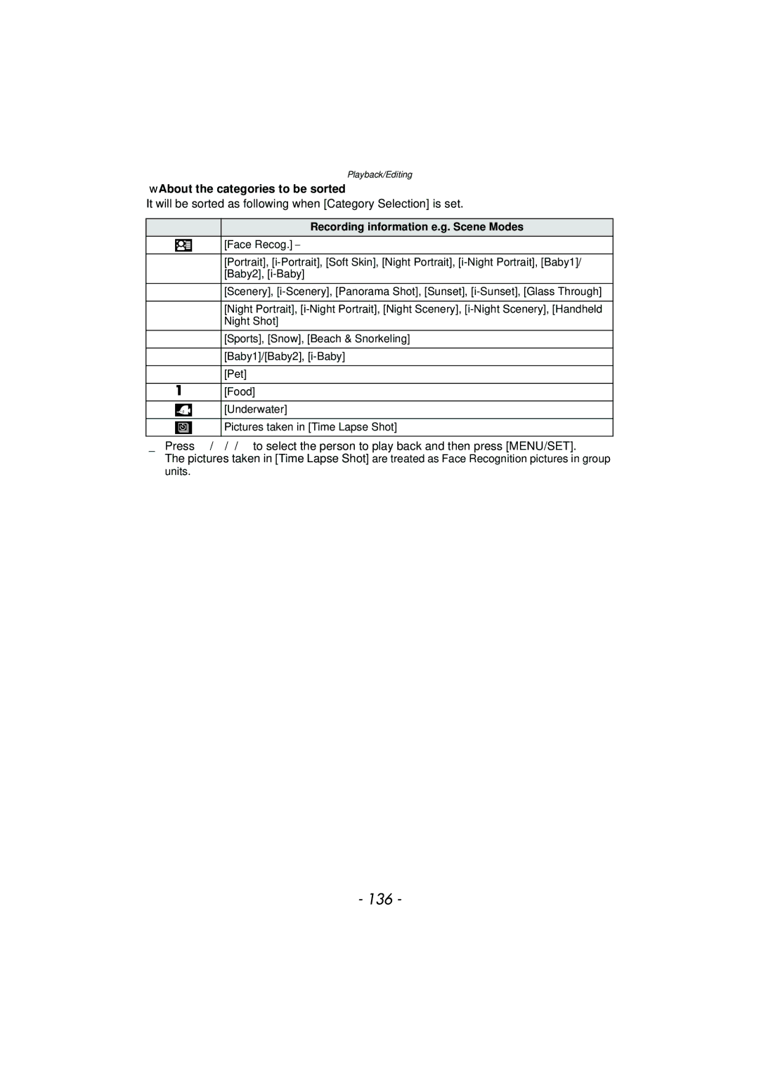 Panasonic DMCTS4D, DMCTS4K, DMCTS4A, DMC-TS4K 136, About the categories to be sorted, Recording information e.g. Scene Modes 