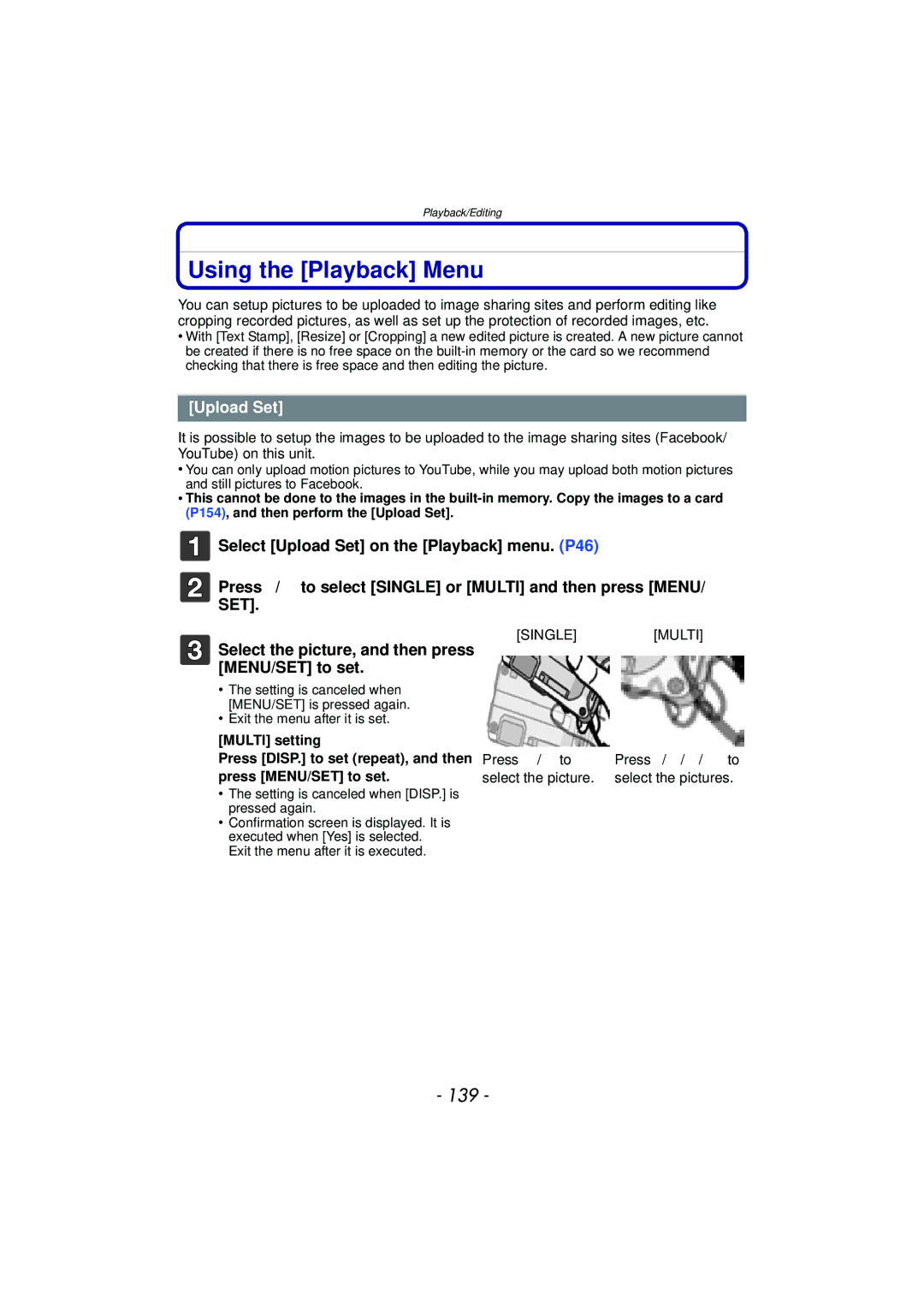 Panasonic DMC-TS4, DMCTS4K Using the Playback Menu, 139, Upload Set, Select the picture, and then press MENU/SET to set 