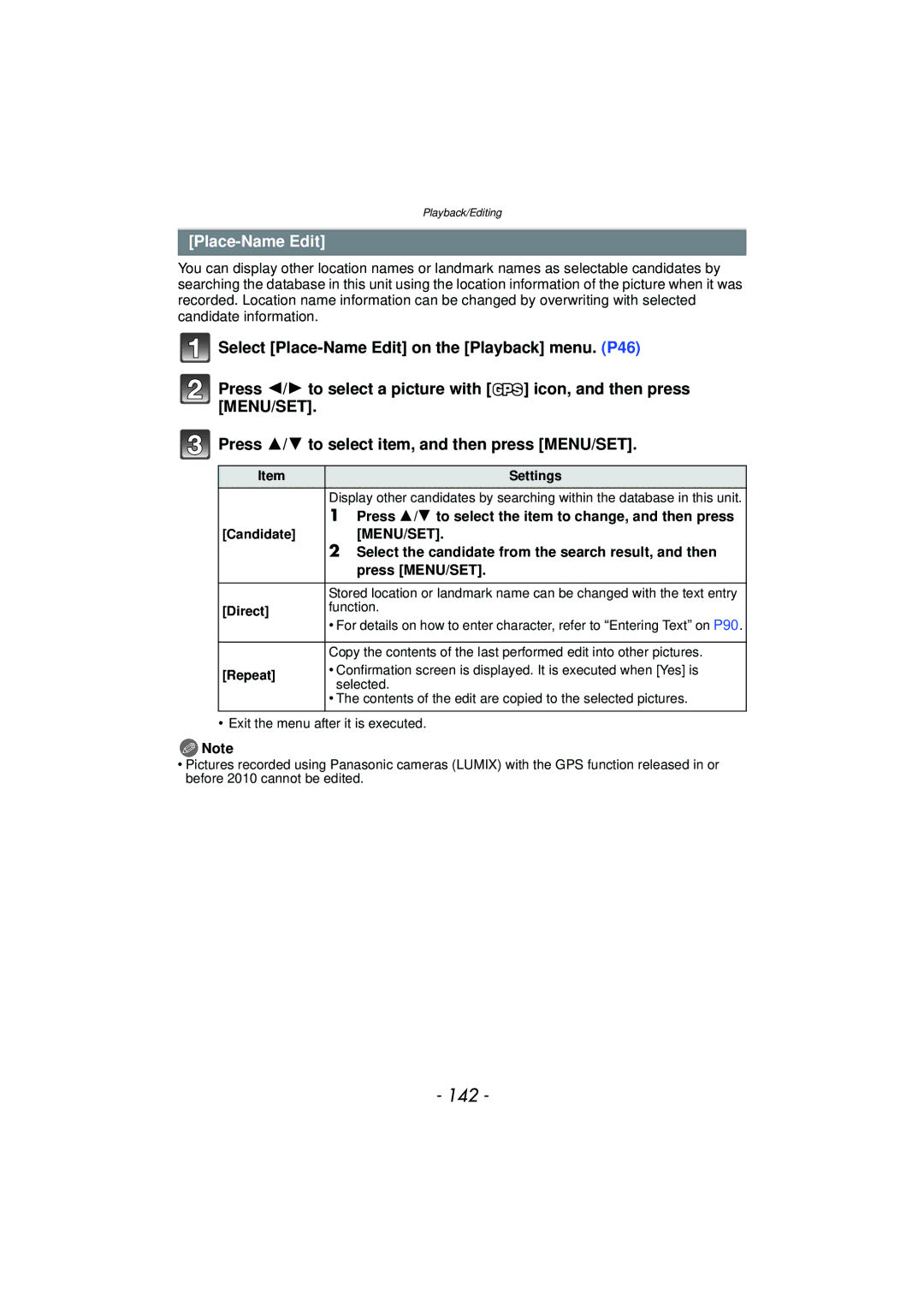 Panasonic DMCTS4A, DMCTS4K, DMCTS4D, DMC-TS4K 142, Place-Name Edit, Press 3/ 4 to select item, and then press MENU/SET 