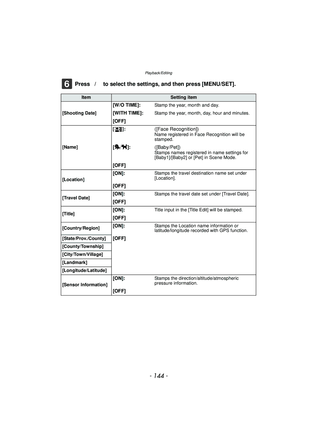 Panasonic DMC-TS4, DMCTS4K 144, Press 3/4 to select the settings, and then press MENU/SET, Face Recognition, Baby/Pet 