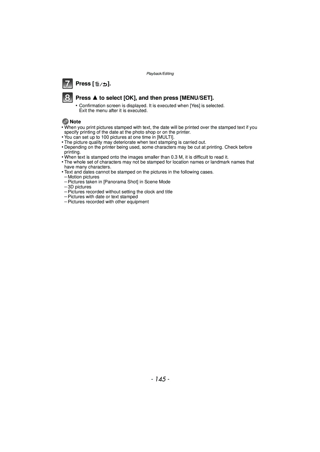 Panasonic DMCTS4K, DMCTS4D, DMCTS4A, DMC-TS4K owner manual 145, Press Press 3 to select OK, and then press MENU/SET 