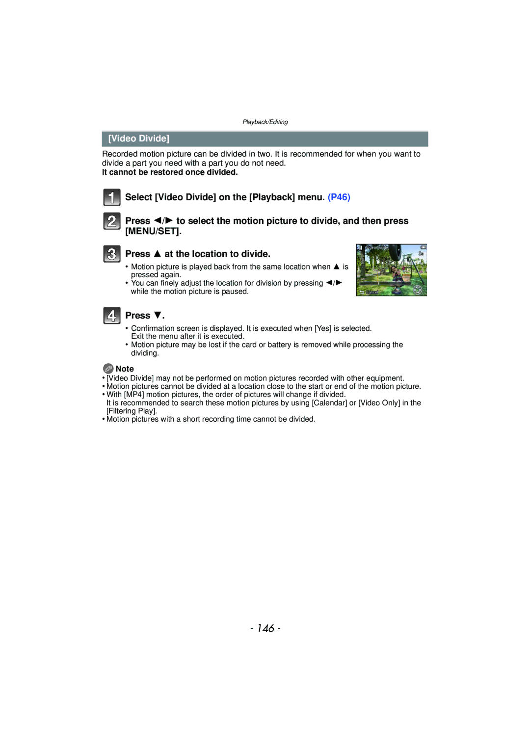Panasonic DMCTS4D, DMCTS4K, DMCTS4A, DMC-TS4K owner manual 146, Video Divide, It cannot be restored once divided 