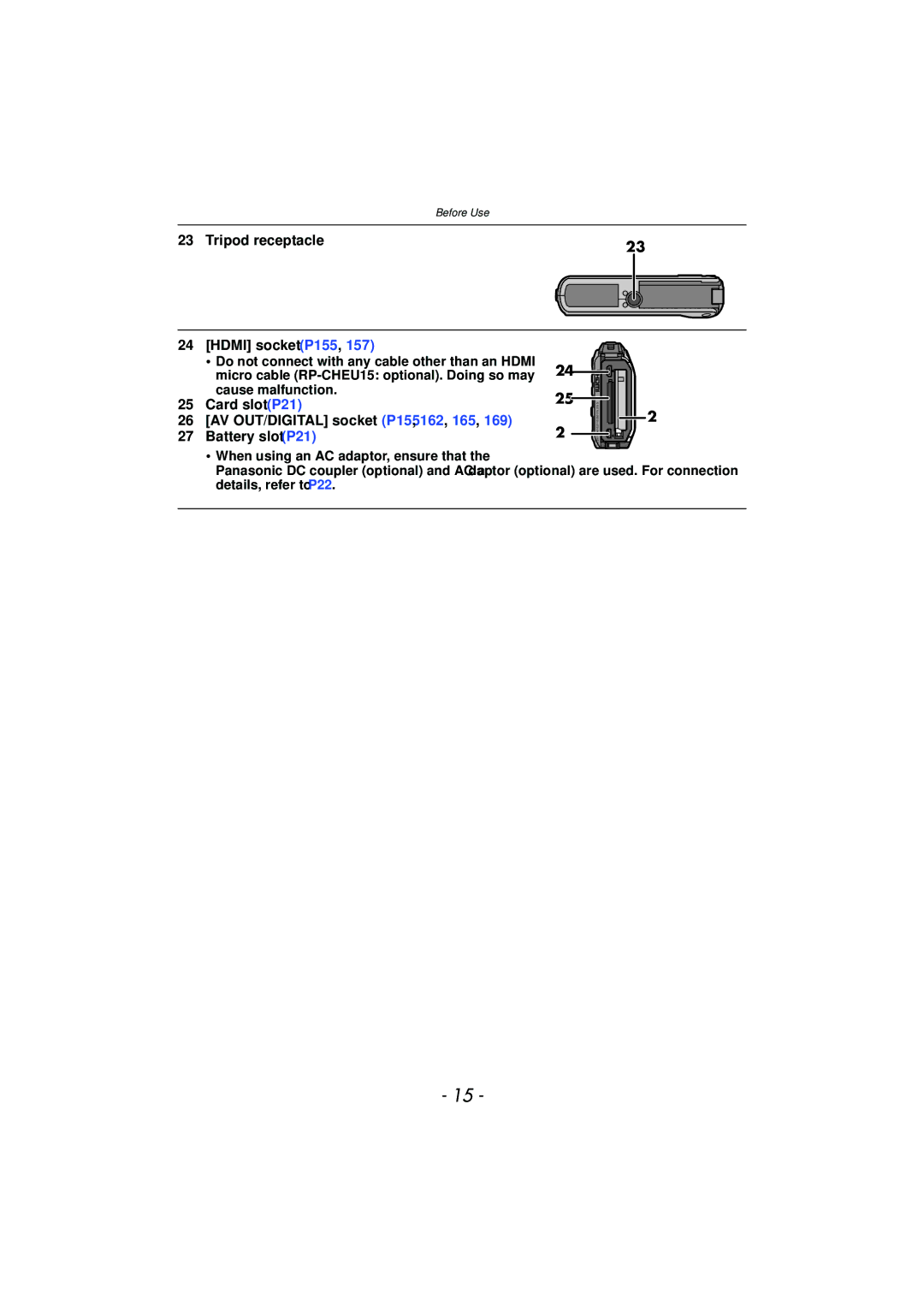 Panasonic DMCTS4K, DMCTS4D, DMCTS4A, DMC-TS4K owner manual Tripod receptacle Hdmi socket P155 