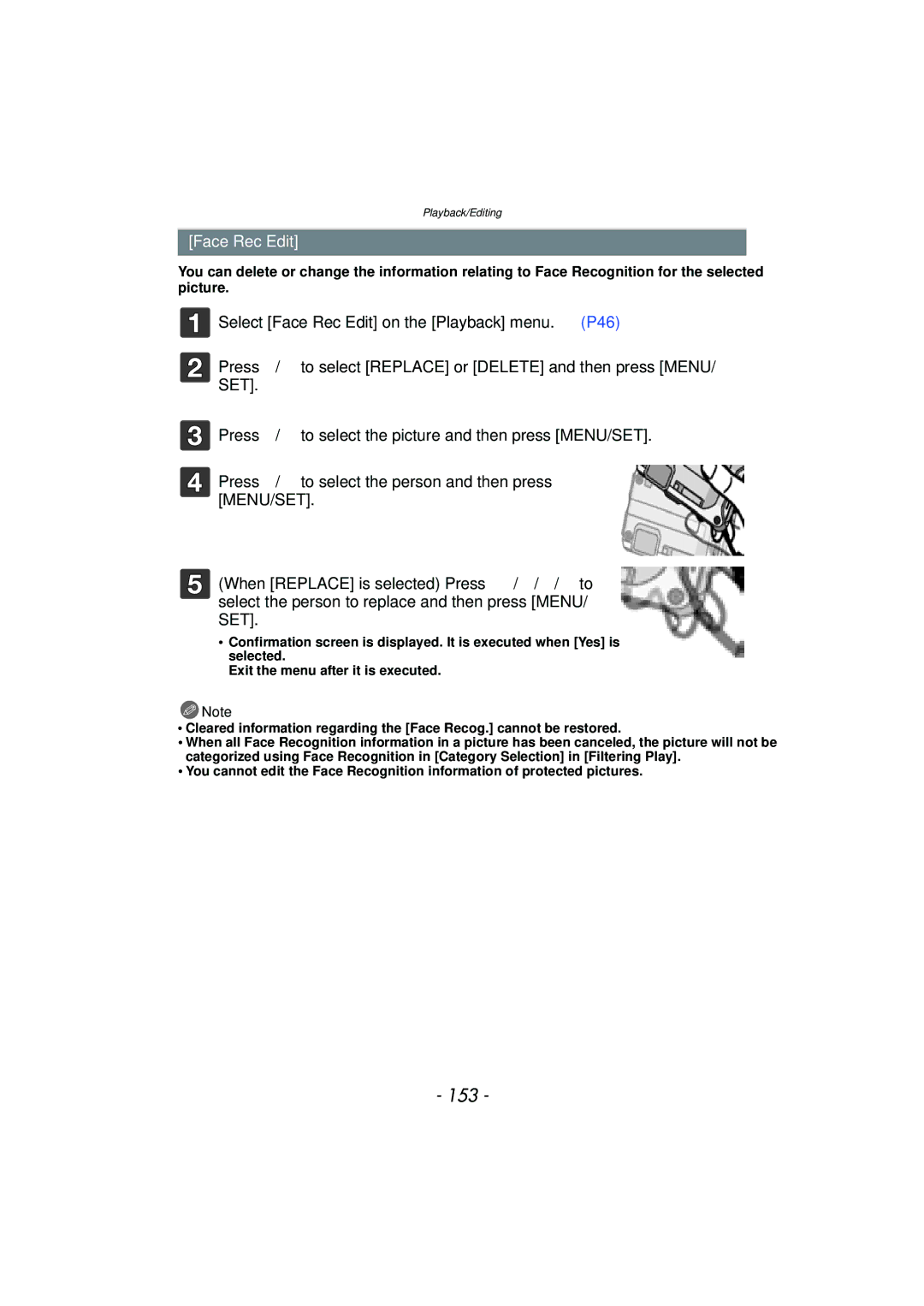 Panasonic DMC-TS4K, DMCTS4K, DMCTS4D, DMCTS4A owner manual 153, Face Rec Edit 