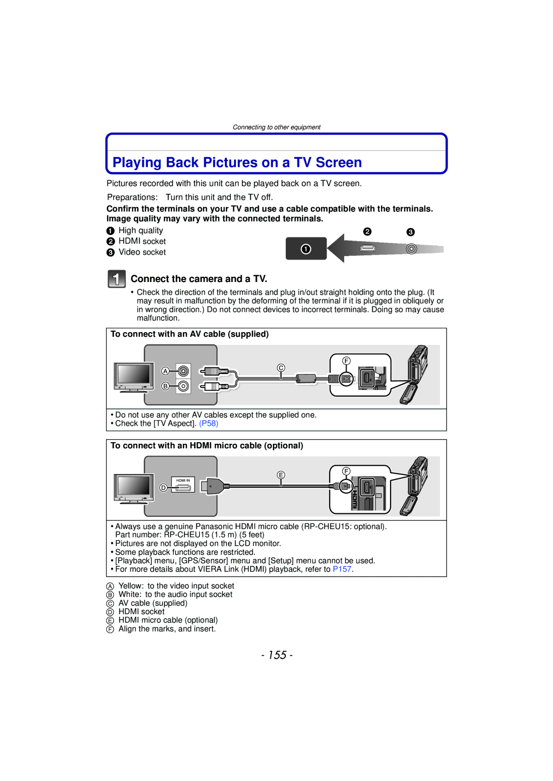 Panasonic DMCTS4K, DMCTS4D, DMCTS4A, DMC-TS4K Playing Back Pictures on a TV Screen, 155, Connect the camera and a TV 