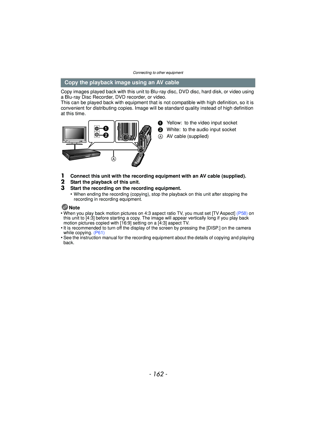 Panasonic DMCTS4A, DMCTS4K, DMCTS4D, DMC-TS4K owner manual 162, Copy the playback image using an AV cable 