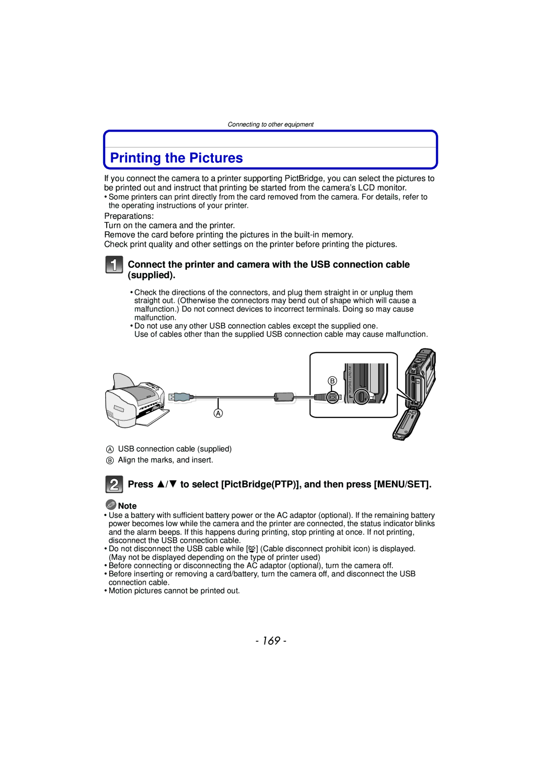 Panasonic DMC-TS4, DMCTS4K, DMCTS4D Printing the Pictures, 169, Press 3/4 to select PictBridgePTP, and then press MENU/SET 