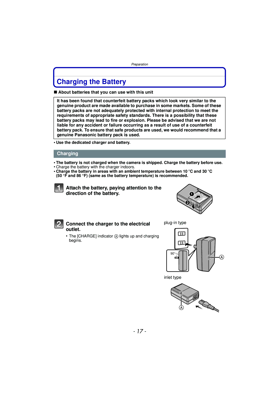 Panasonic DMCTS4A, DMCTS4K Charging the Battery, Outlet, About batteries that you can use with this unit, Inlet type 