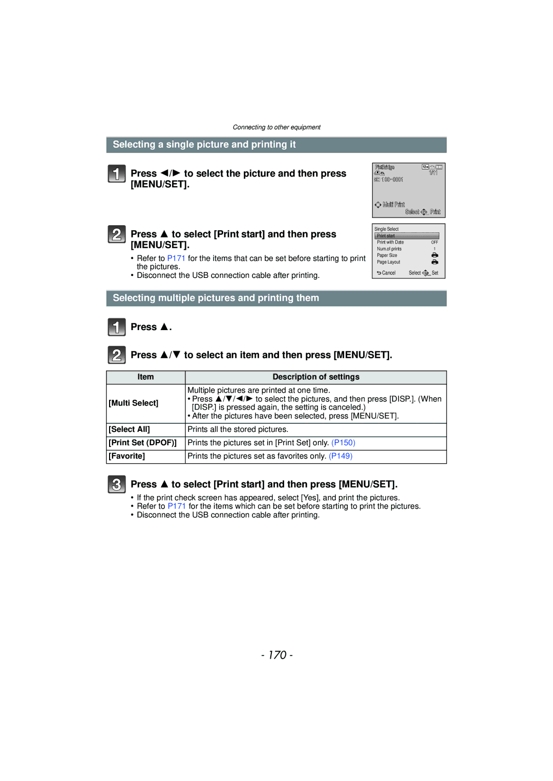 Panasonic DMCTS4K, DMCTS4D 170, Selecting a single picture and printing it, Selecting multiple pictures and printing them 