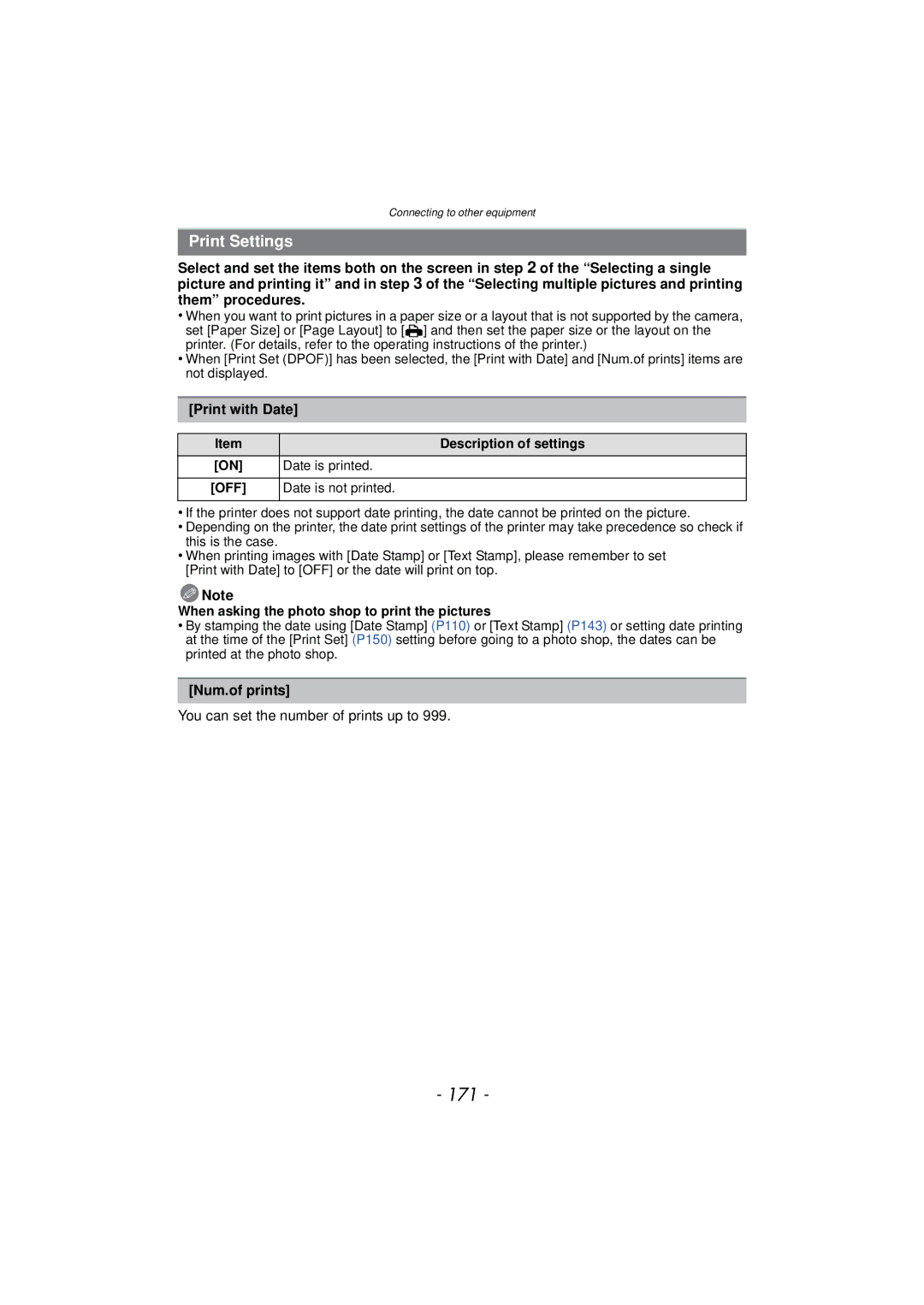 Panasonic DMCTS4D, DMCTS4K 171, Print Settings, Print with Date, Num.of prints, You can set the number of prints up to 