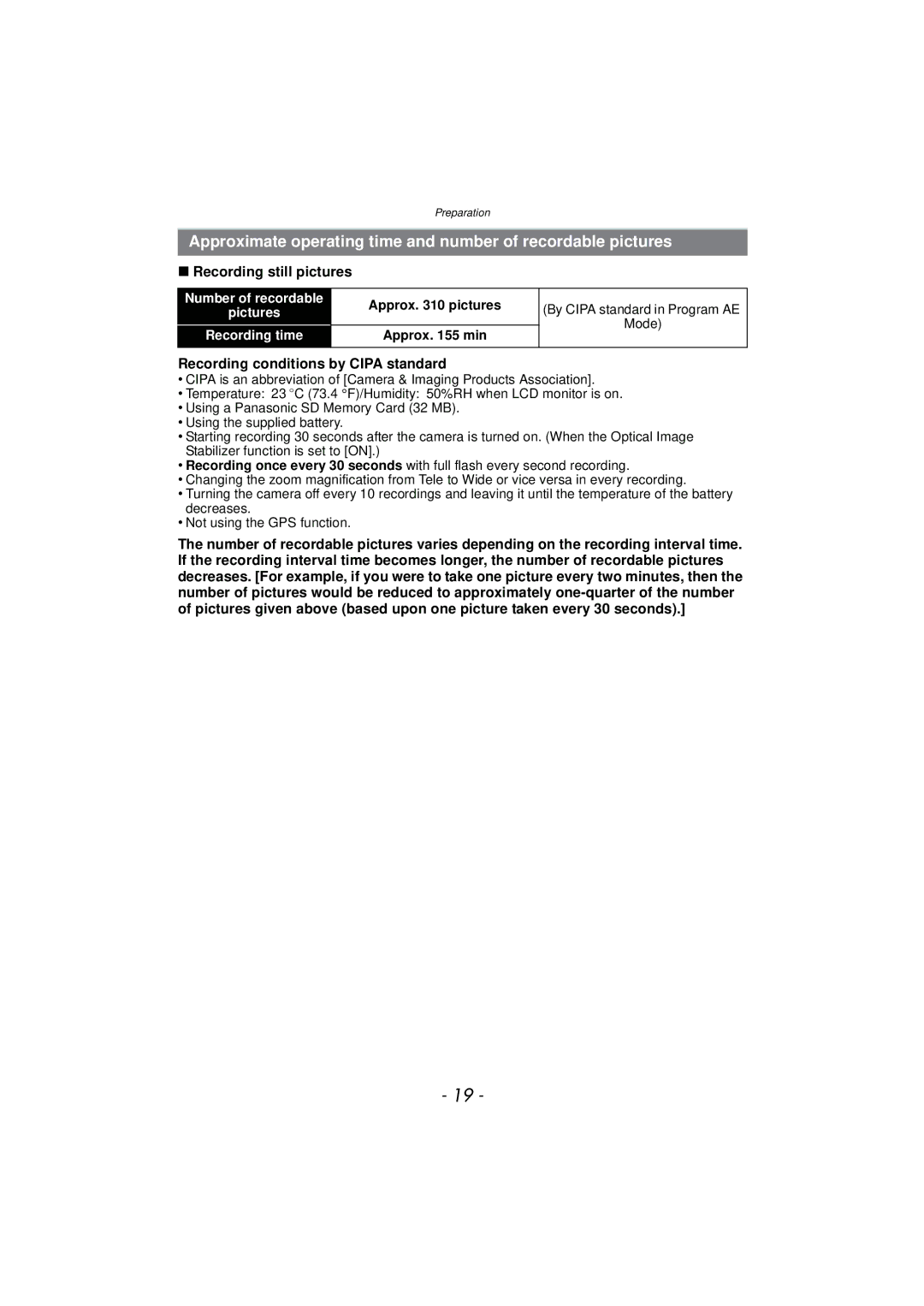 Panasonic DMCTS4K, DMCTS4D, DMCTS4A, DMC-TS4K owner manual Recording still pictures, Recording conditions by Cipa standard 