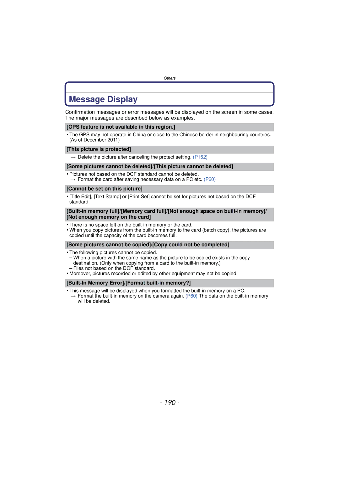 Panasonic DMCTS4K, DMCTS4D, DMCTS4A, DMC-TS4K owner manual Message Display, 190 