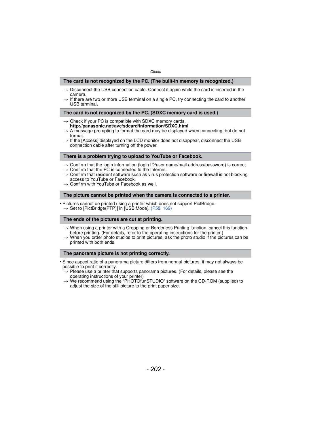 Panasonic DMCTS4A, DMCTS4K, DMCTS4D, DMC-TS4K owner manual 202, Card is not recognized by the PC. Sdxc memory card is used 