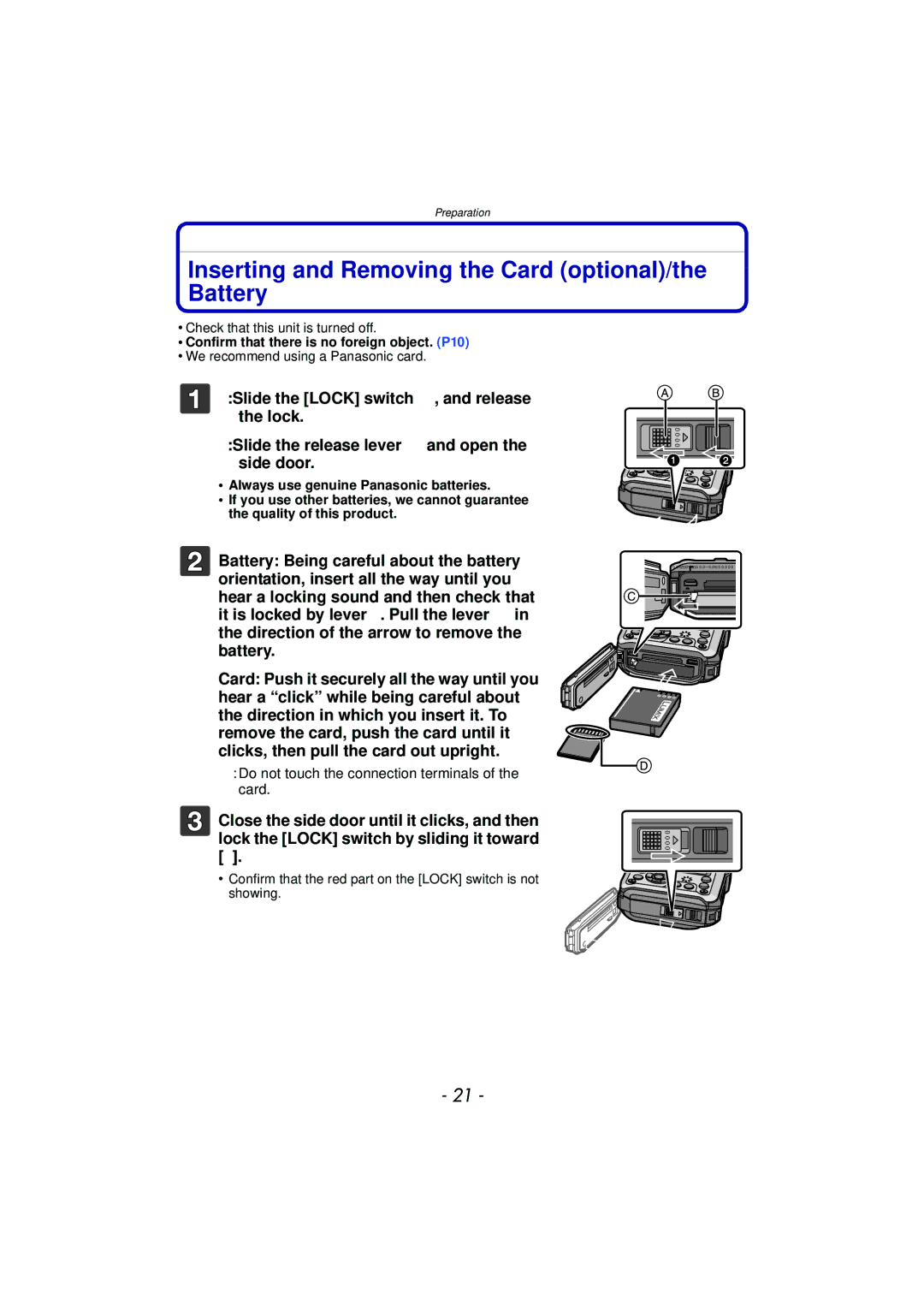 Panasonic DMCTS4D Inserting and Removing the Card optional/the Battery, Do not touch the connection terminals of the card 