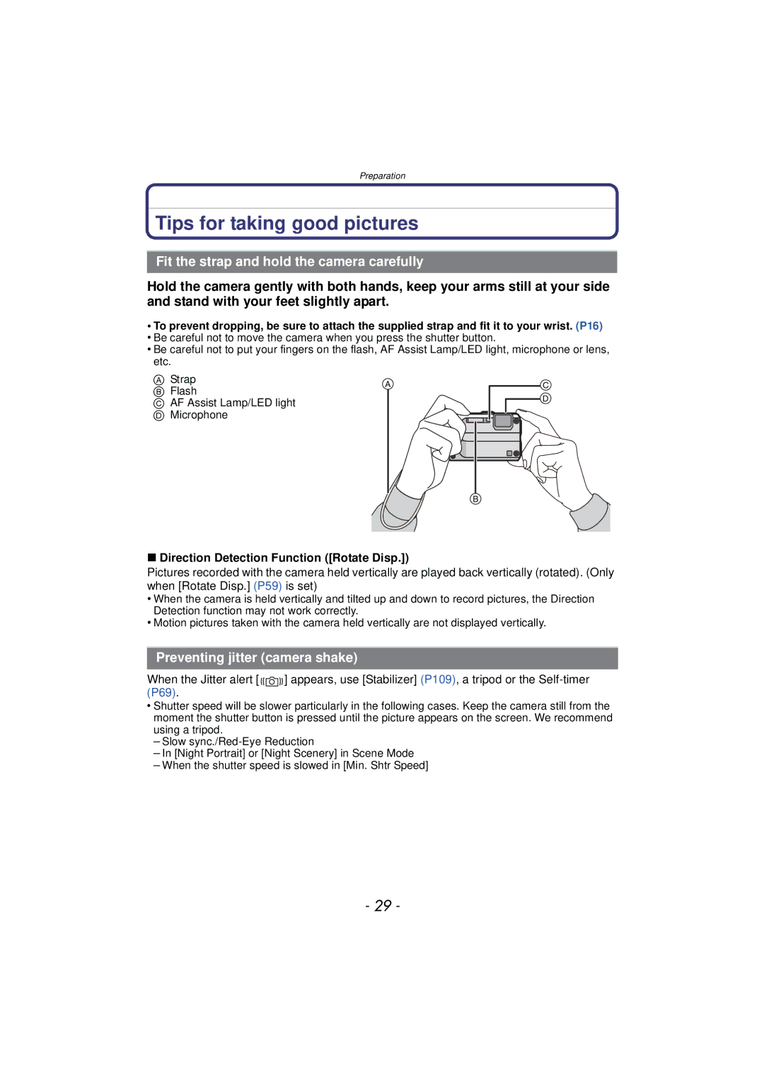 Panasonic DMC-TS4, DMCTS4K, DMCTS4D, DMCTS4A Tips for taking good pictures, Fit the strap and hold the camera carefully 