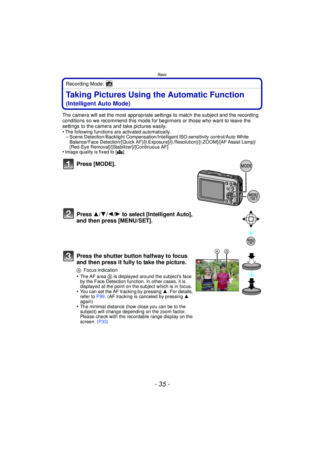 Panasonic DMCTS4K, DMCTS4D, DMCTS4A, DMC-TS4K owner manual Taking Pictures Using the Automatic Function, Intelligent Auto Mode 