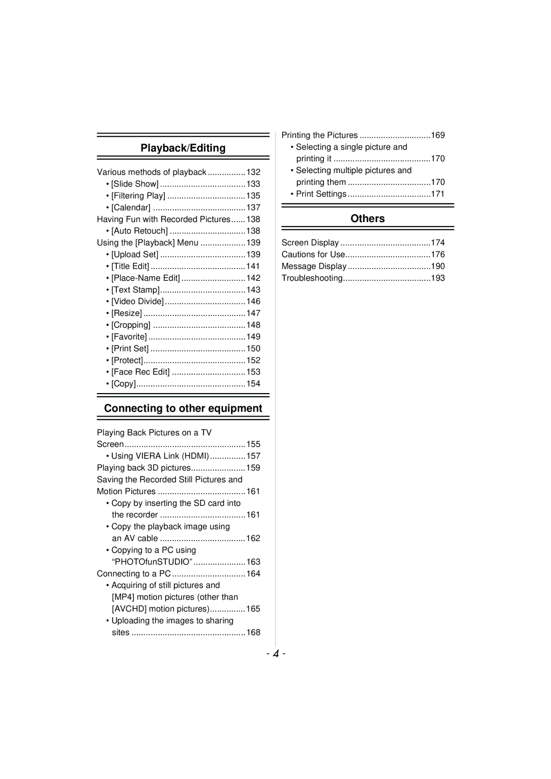 Panasonic DMC-TS4 132, Slide Show 133 Filtering Play 135 Calendar 137, 138, Playing Back Pictures on a TV, 155, 159, 161 