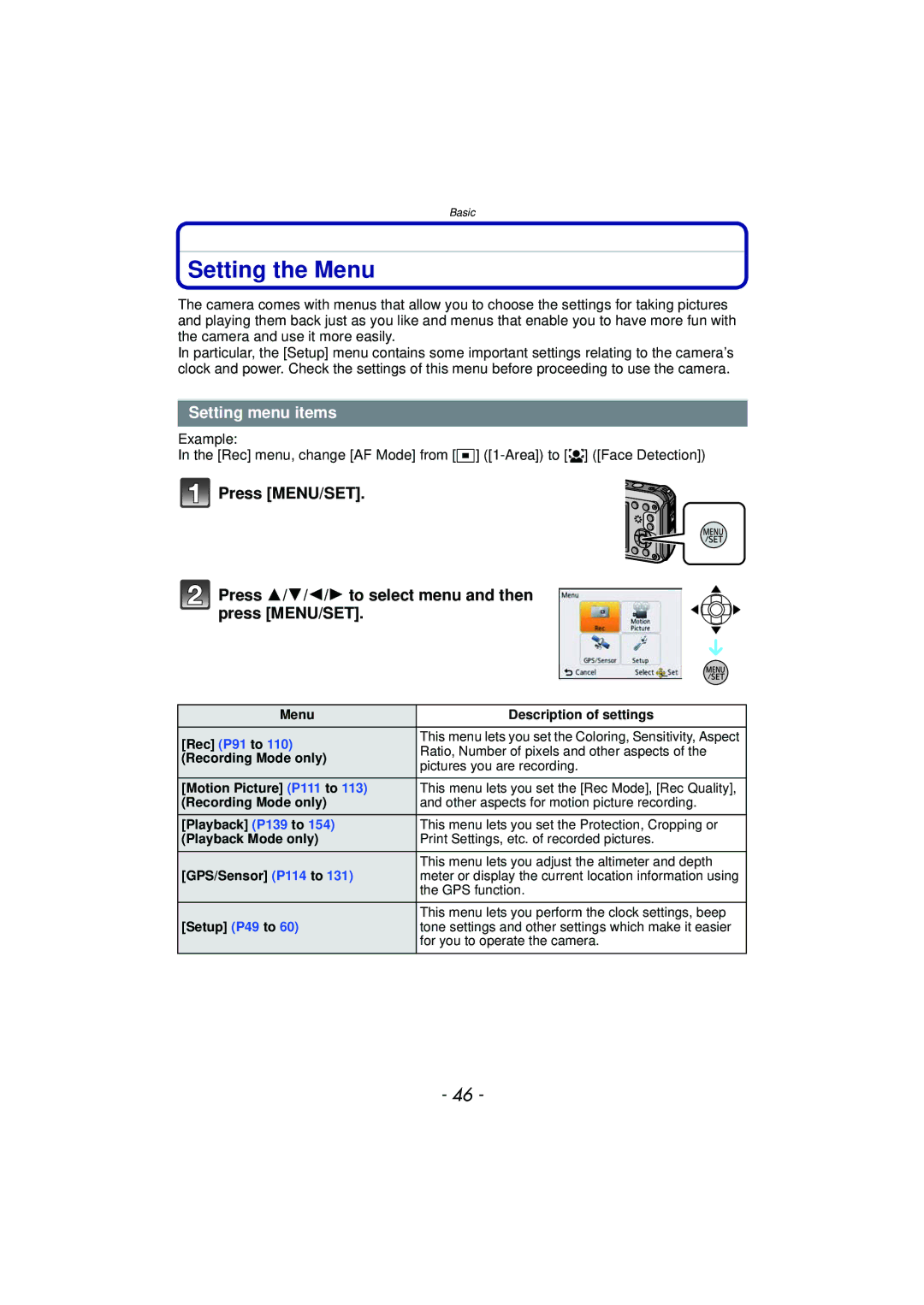 Panasonic DMCTS4D, DMCTS4K, DMCTS4A, DMC-TS4K owner manual Setting the Menu, Setting menu items 