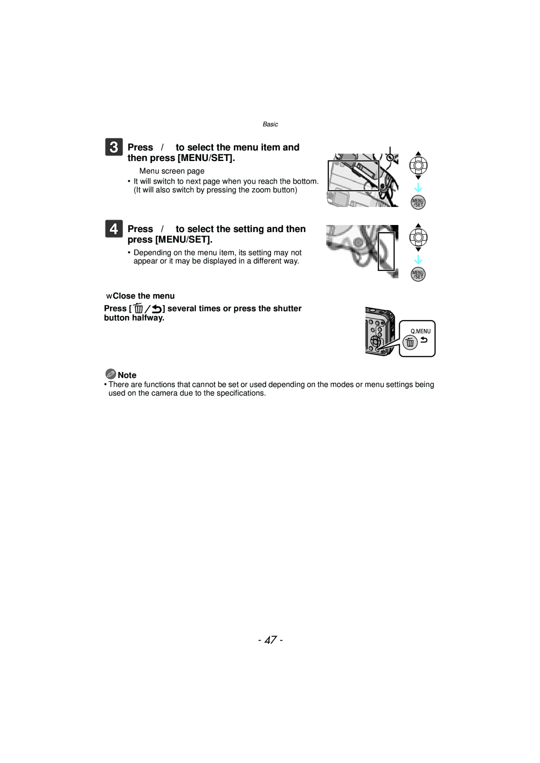 Panasonic DMCTS4A, DMCTS4K, DMCTS4D, DMC-TS4K owner manual Press 3/ 4 to select the menu item Then press MENU/SET 