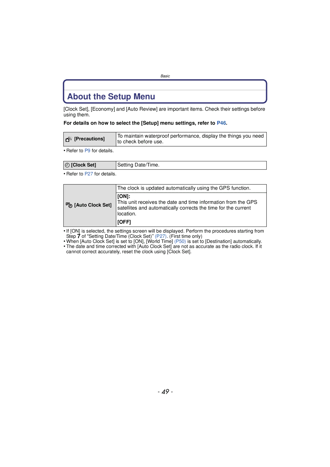 Panasonic DMC-TS4, DMCTS4K, DMCTS4D About the Setup Menu, To check before use, Setting Date/Time, Auto Clock Set 