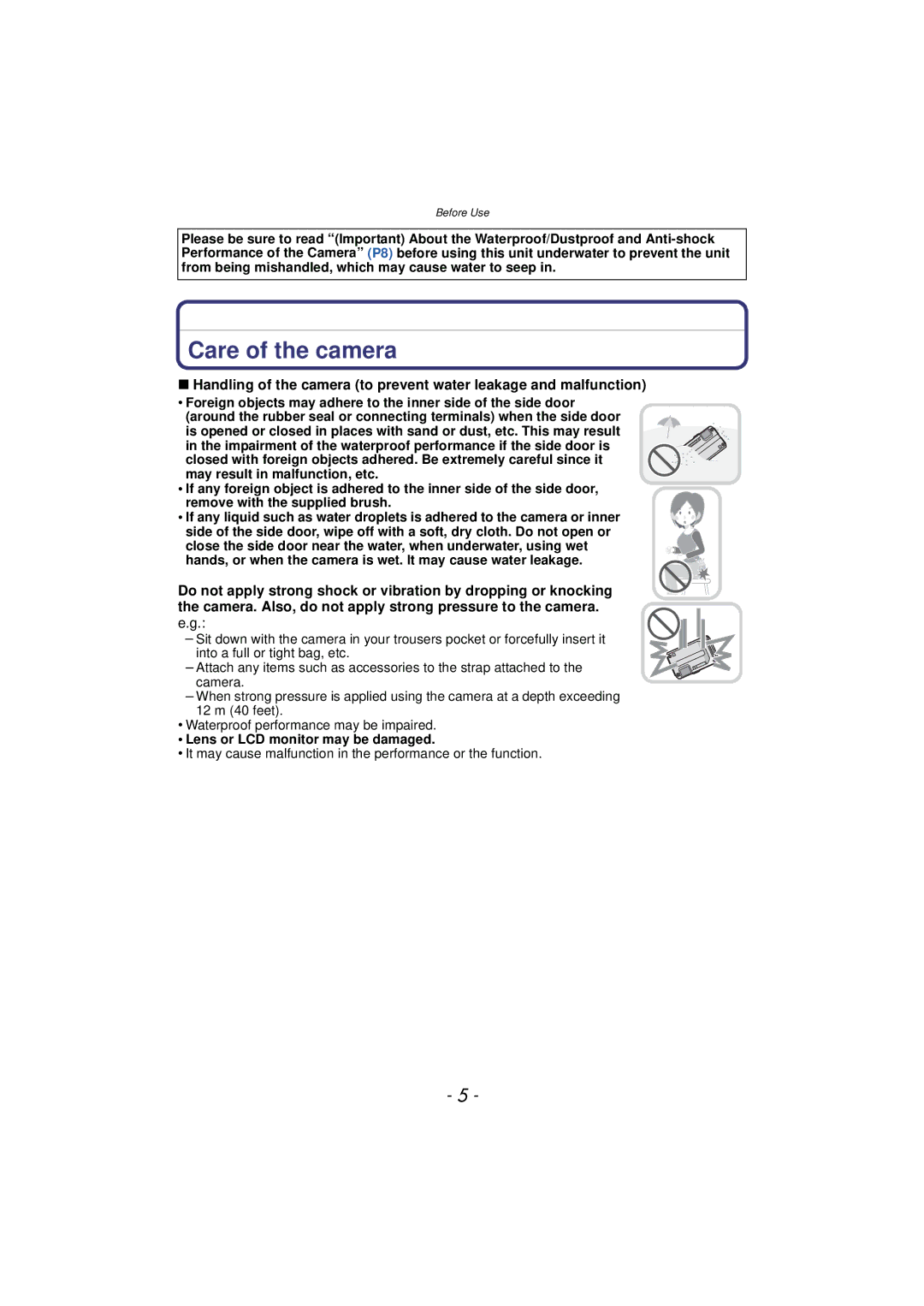 Panasonic DMCTS4K, DMCTS4D, DMCTS4A, DMC-TS4K owner manual Care of the camera, Lens or LCD monitor may be damaged 