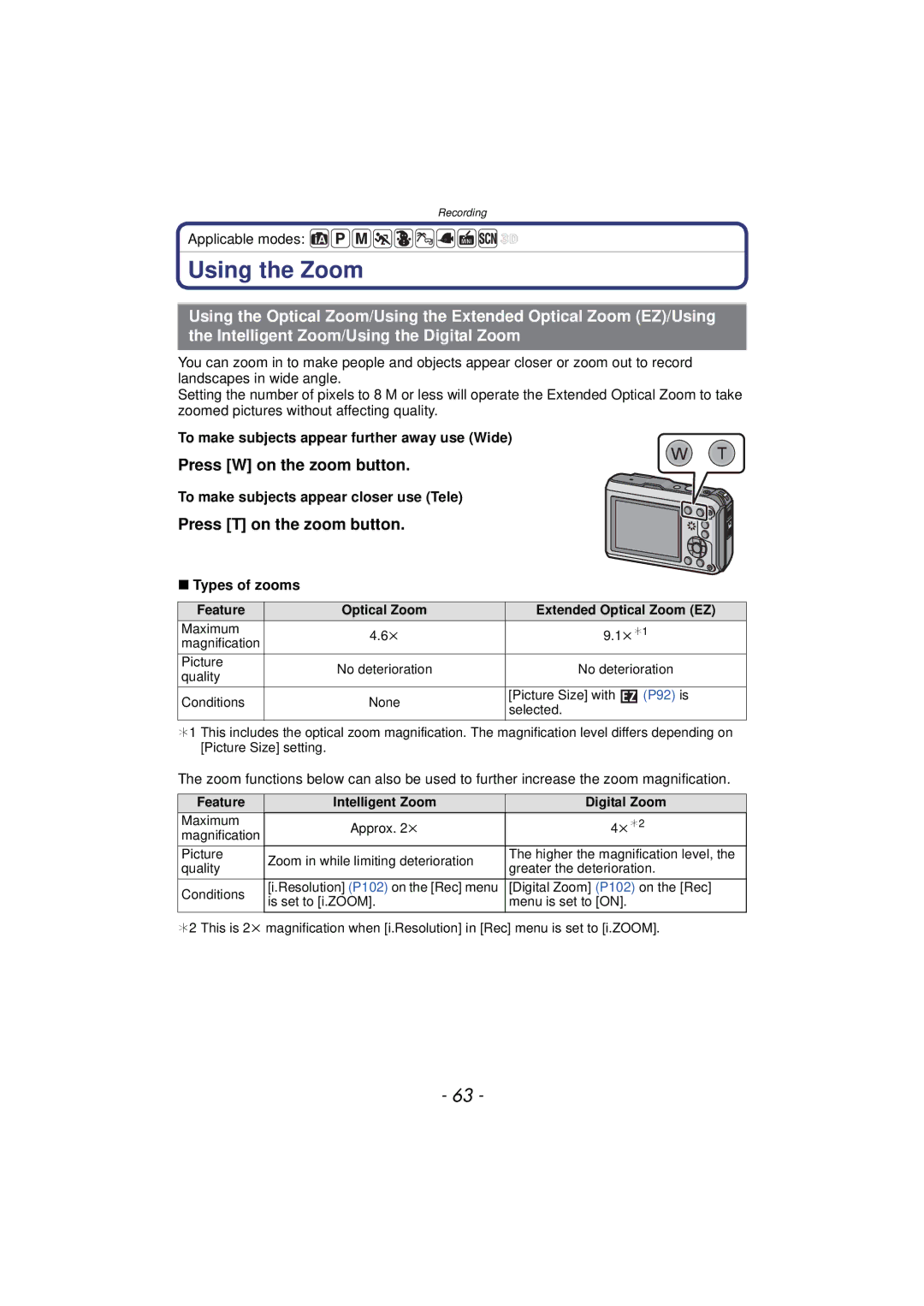 Panasonic DMC-TS4K, DMCTS4K Using the Zoom, Press T on the zoom button, To make subjects appear further away use Wide 