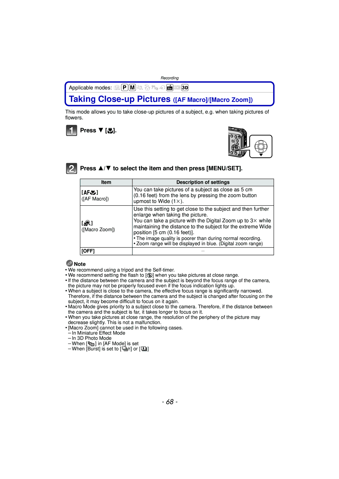 Panasonic DMC-TS4K, DMCTS4K, DMCTS4D, DMCTS4A owner manual Taking Close-up Pictures AF Macro/Macro Zoom 