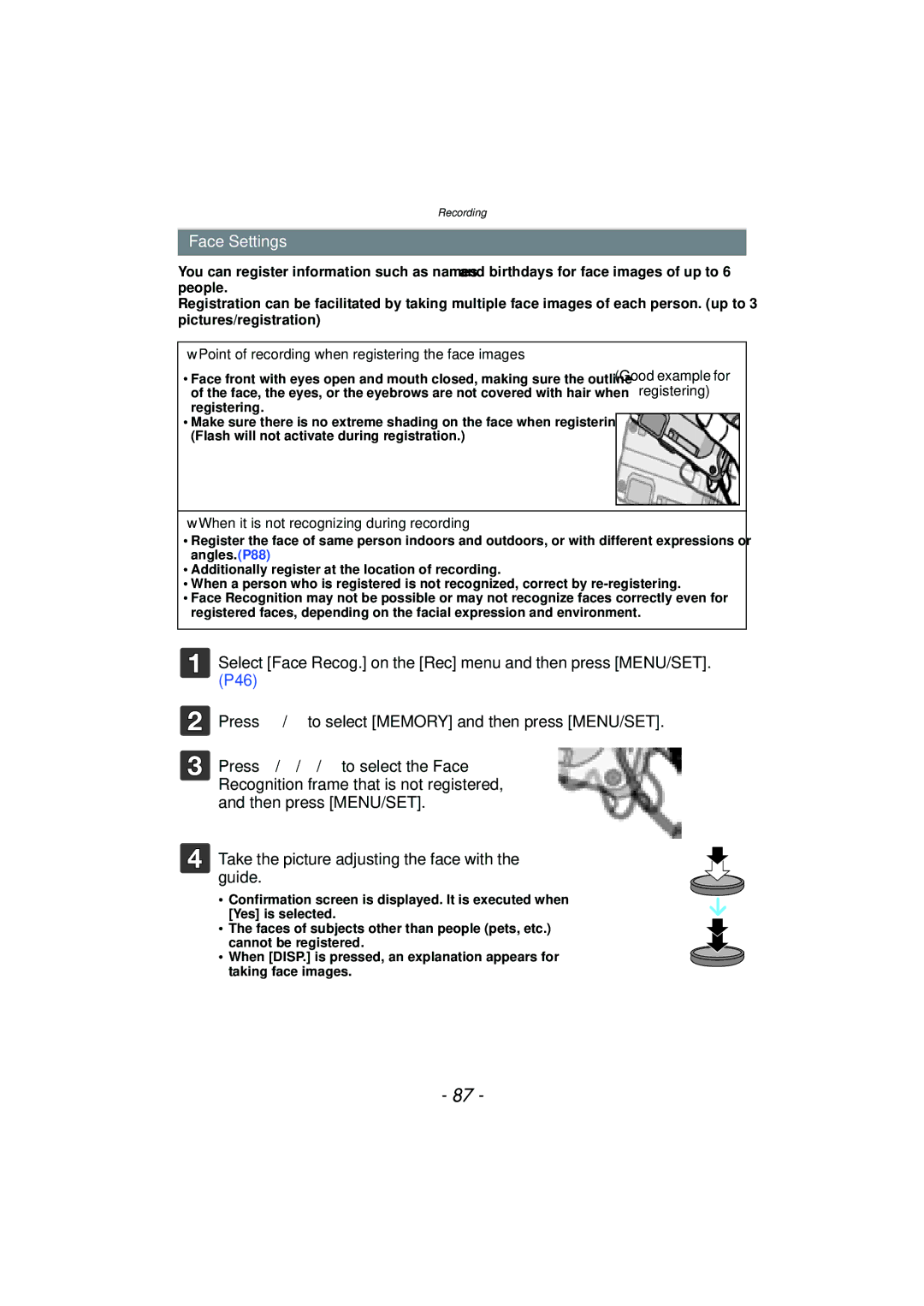 Panasonic DMCTS4A Face Settings, Point of recording when registering the face images, Good example for registering 