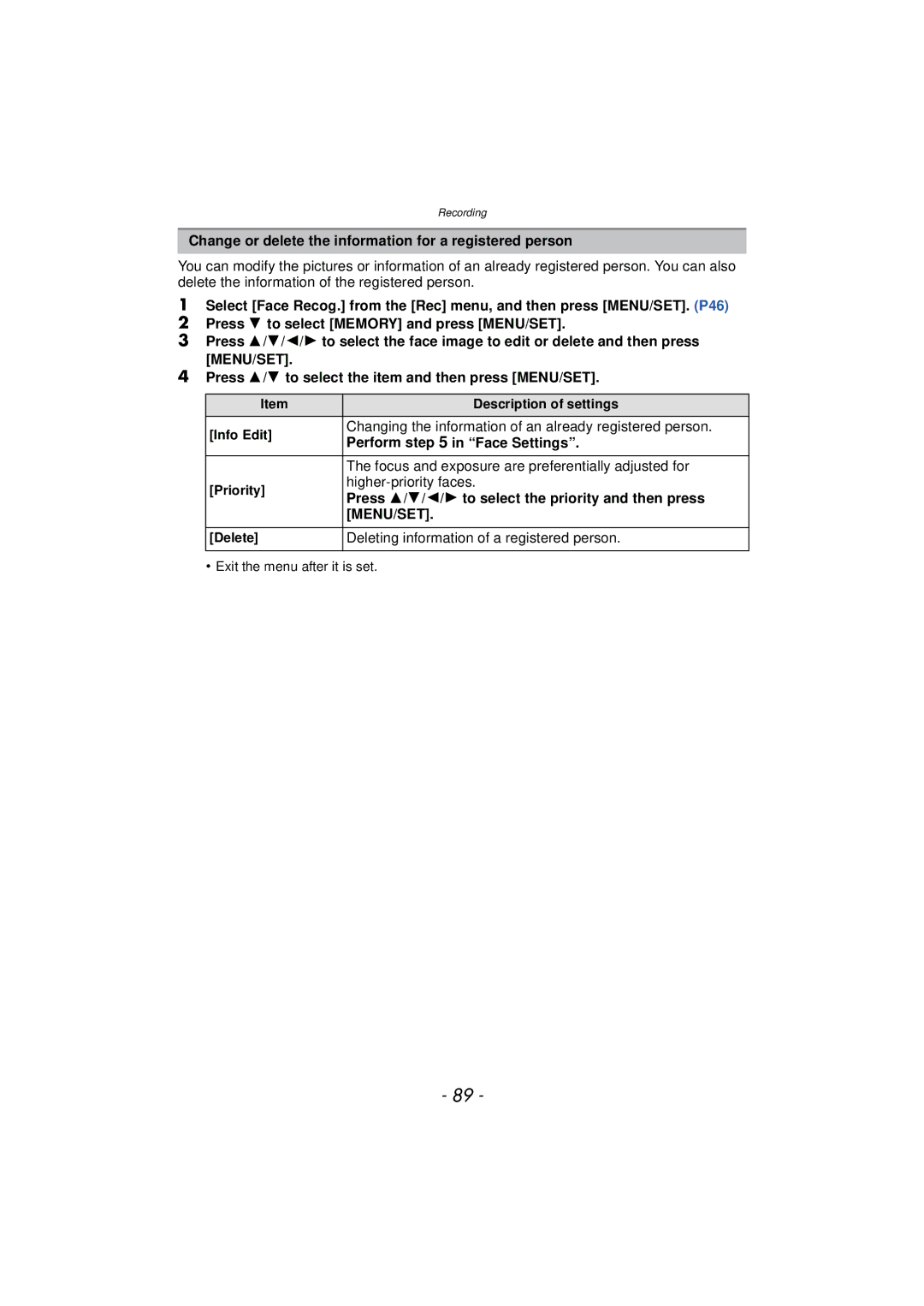 Panasonic DMC-TS4, DMCTS4K, DMCTS4D Change or delete the information for a registered person, Perform in Face Settings 