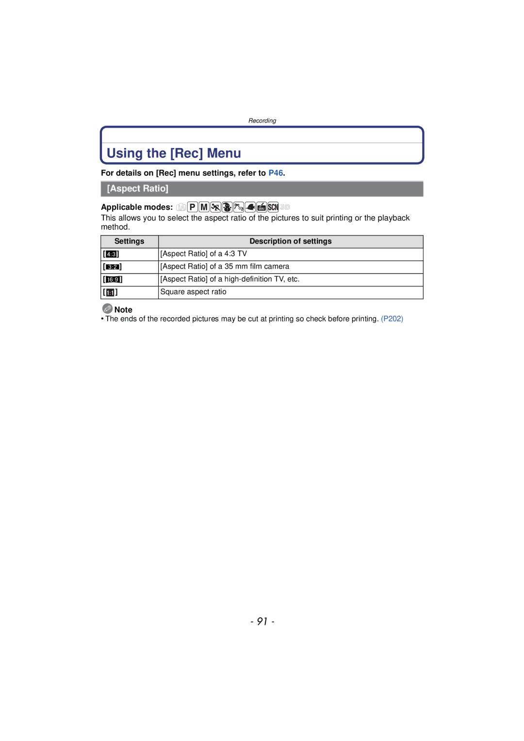 Panasonic DMCTS4D Using the Rec Menu, Aspect Ratio, For details on Rec menu settings, refer to P46, Applicable modes 