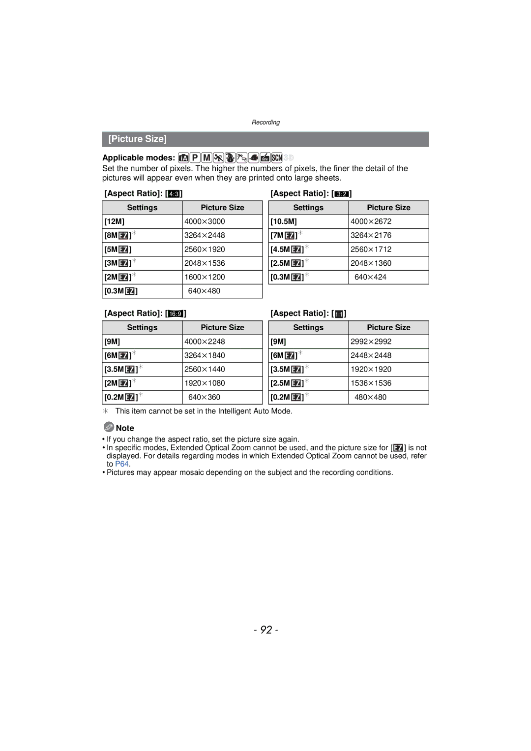 Panasonic DMCTS4A, DMCTS4K, DMCTS4D, DMC-TS4K owner manual Picture Size, Aspect Ratio Y, Aspect Ratio W 